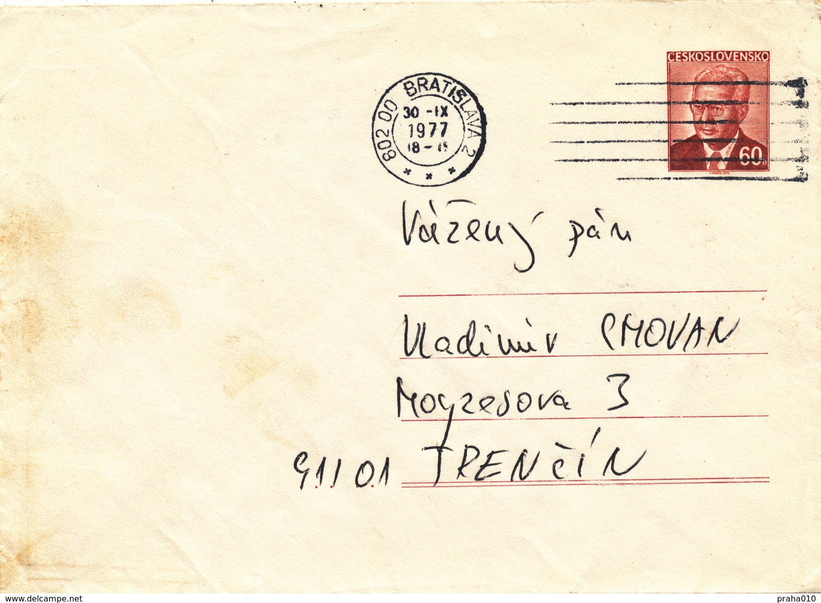 L3494 - Czechoslovakia (1977) 802 00 Bratislava 2 (Postal Stationery: Pres. Gustav Husak (1913-1991)); Machine Postmark - Enveloppes