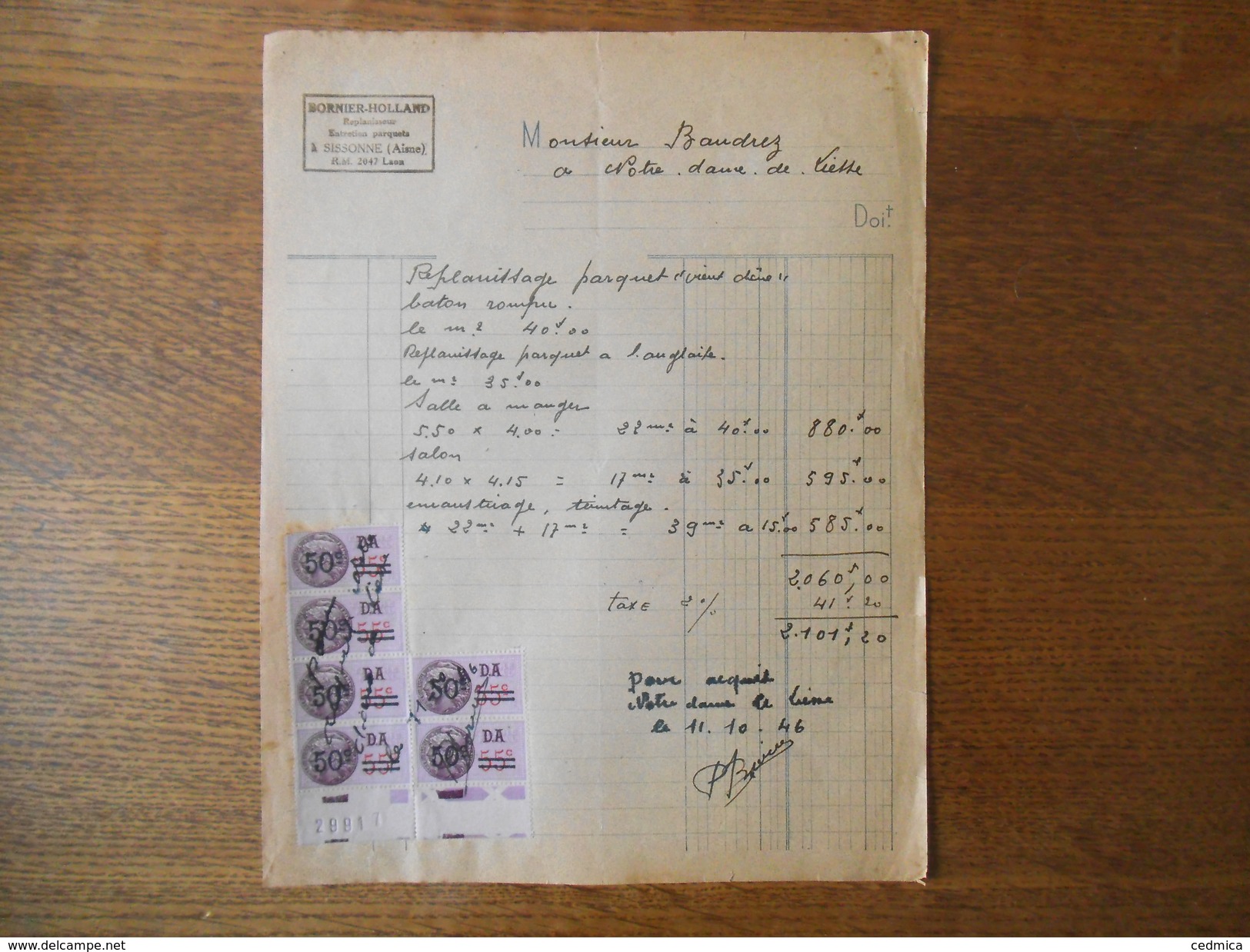 6 TIMBRES D.A. 55c SURCHARGES 50c SUR FACTURE BORNIER-HOLLAND REPLNISSEUR A SISSONNE AISNE DU 11.10.46 - Other & Unclassified