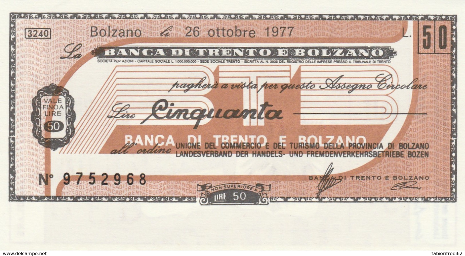 MINIASSEGNO BANCA DI TRENTO E BOLZANO L.50 UNIONE COMM. PROV. BOLZANO-FDS (MA53 - [10] Cheques En Mini-cheques