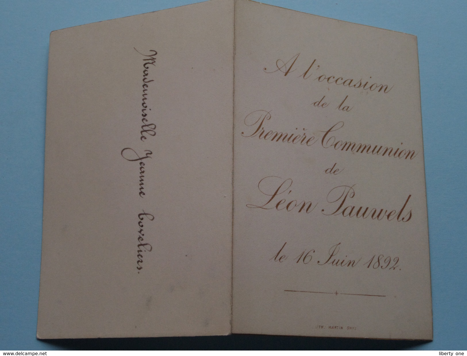 Première COMMUNION De Léon PAUWELS Le 16 Juin 1892 ( Melle Jeanne Coveliers / Zie Foto Voor Details ) !! - Menus