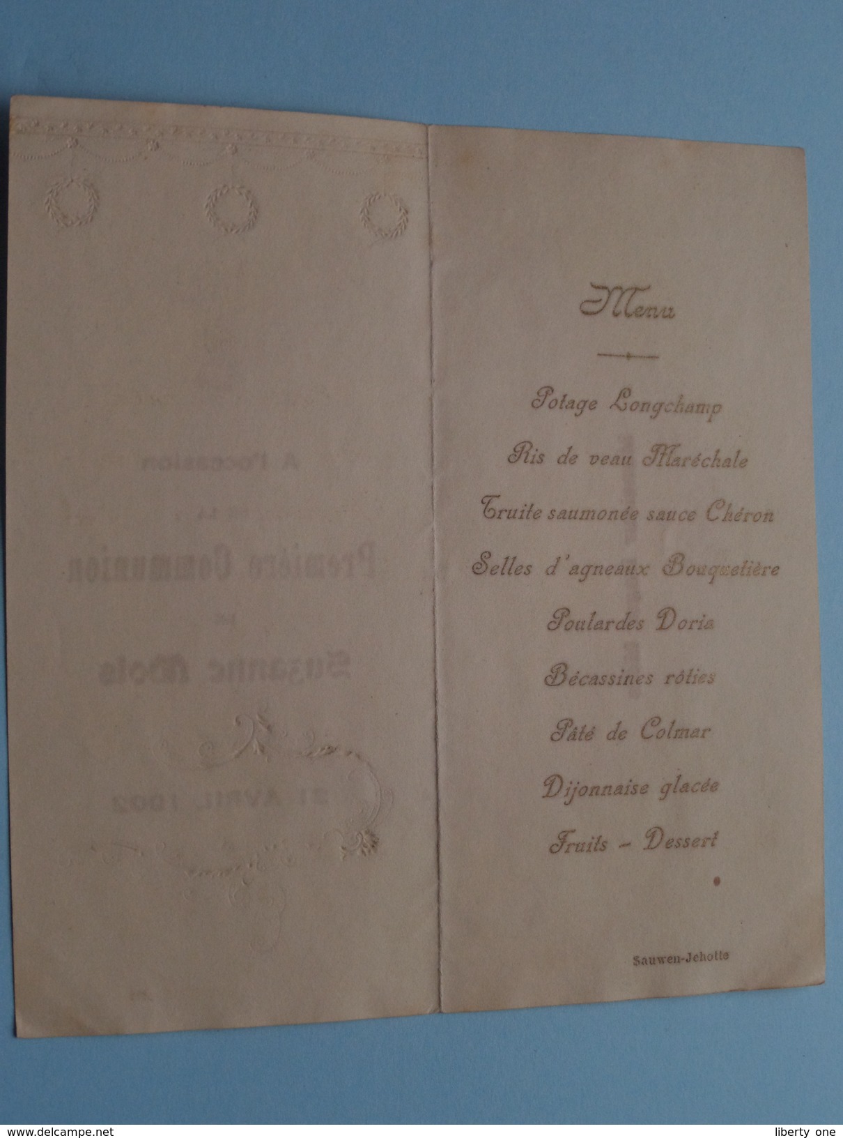 Première Communion De SUZANNE MOLS - 21 Avril 1902 ( Roger Mols / Zie Foto Voor Details ) !! - Menus