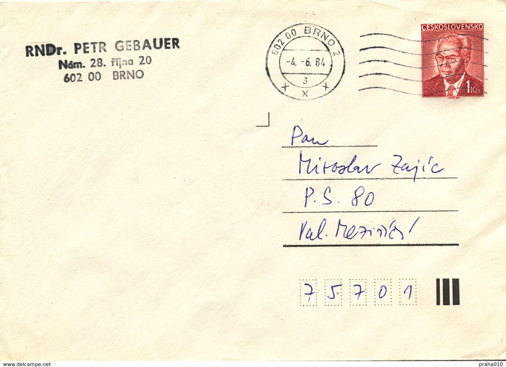 L3510 - Czechoslovakia (1984) 602 00 Brno 2 (Postal Stationery: President Gustav Husak (1913-1991)) - Omslagen