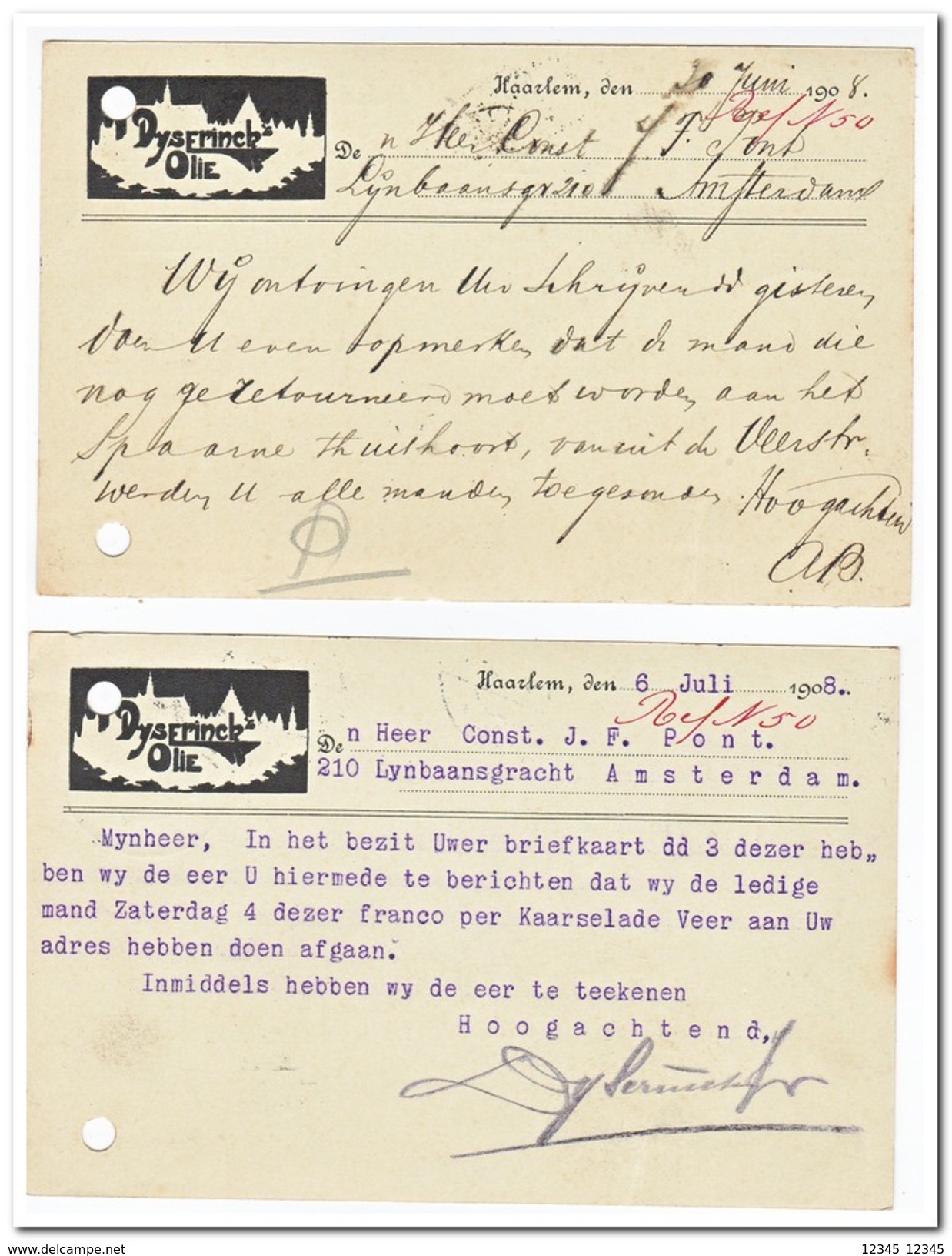 2 Briefkaarten 1908 Van Haarlem Naar Amsterdam ( Dyserinck's Olie ) - Brieven En Documenten