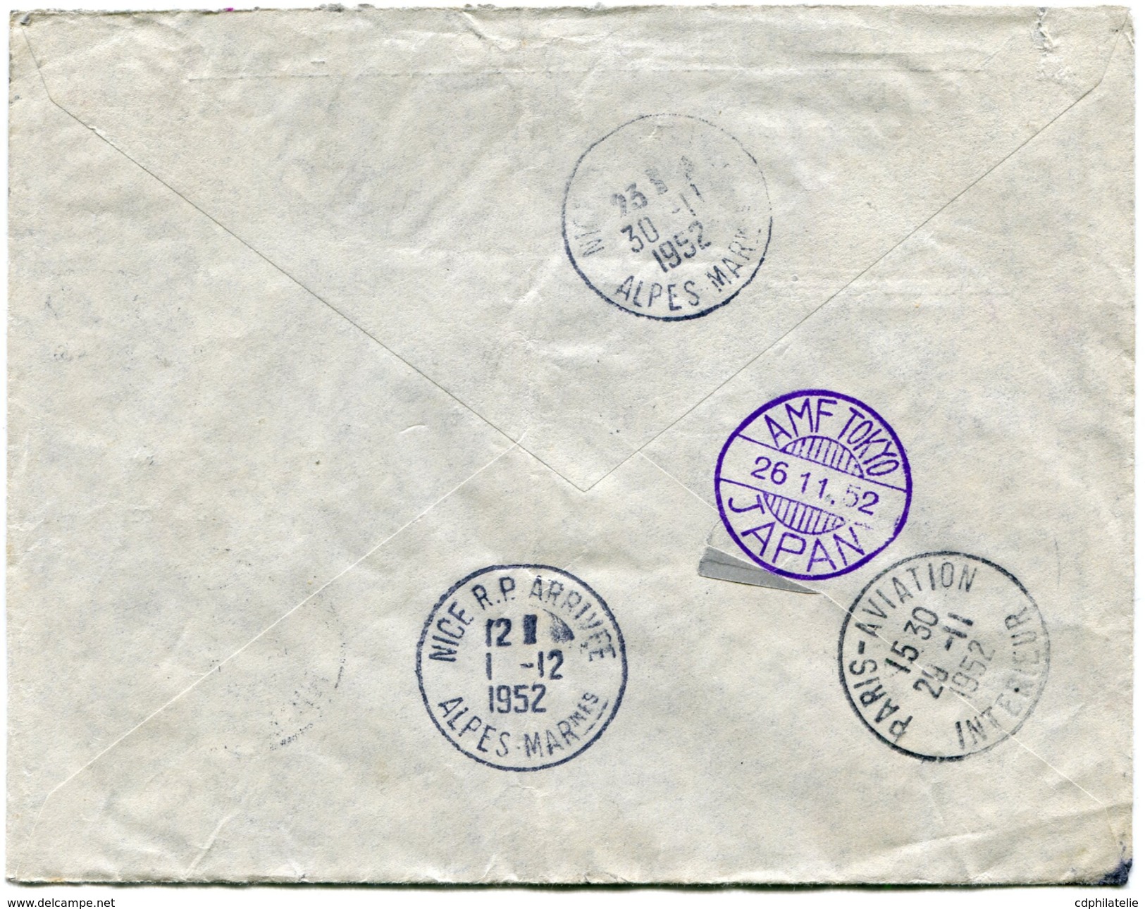 FRANCE LETTRE RECOMMANDEE PAR AVION (1ère LIAISON PARIS-TOKIO) DEPART CHARGEMENTS 22-11-1952 NICE POUR LE JAPON - 1927-1959 Covers & Documents