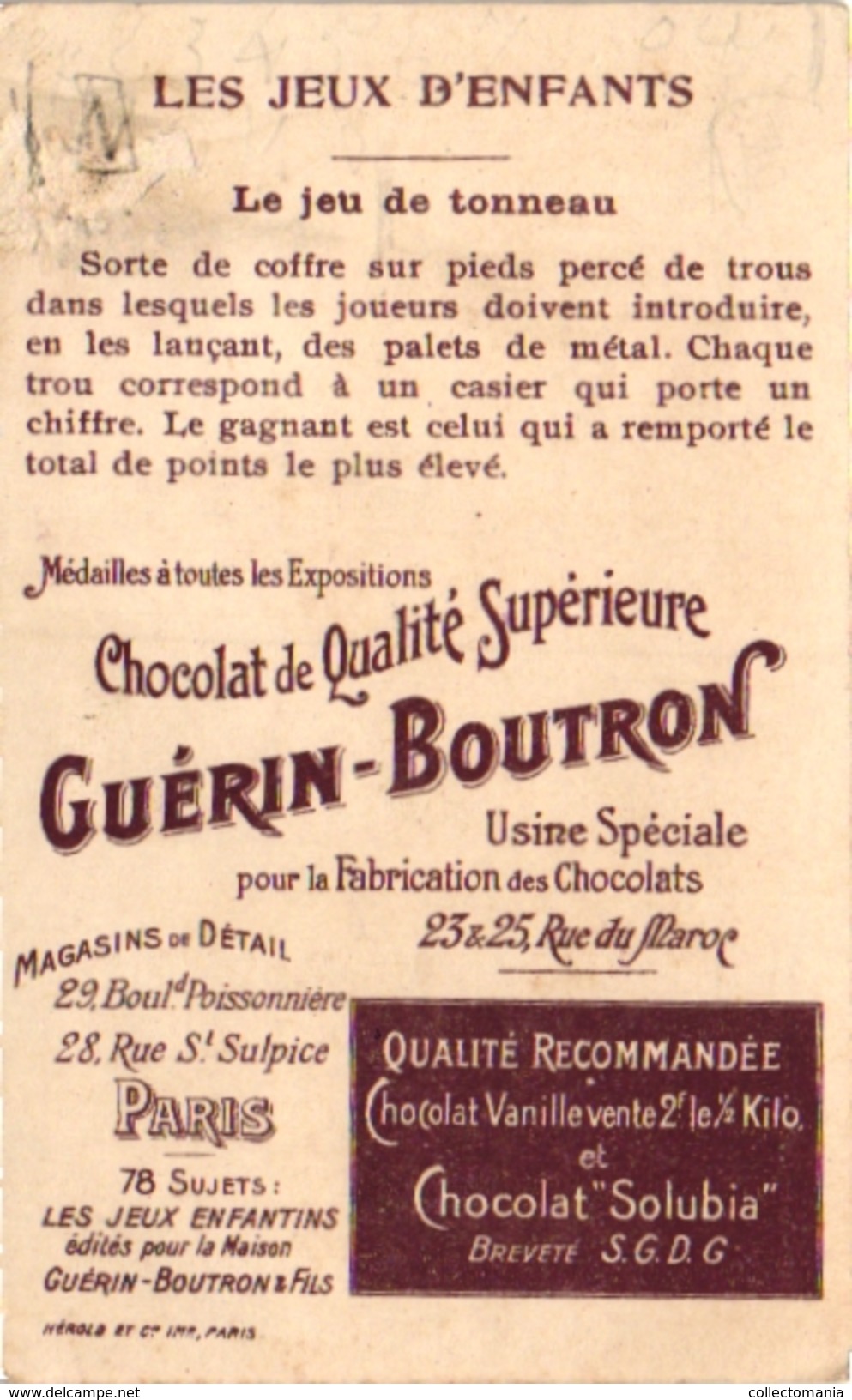 1880 - 5 chromo litho  Pub Guérin Boutron Chocolat Besnier Le Mans Couzan Source Brault Le Jeu de Tonneau Game of Barel