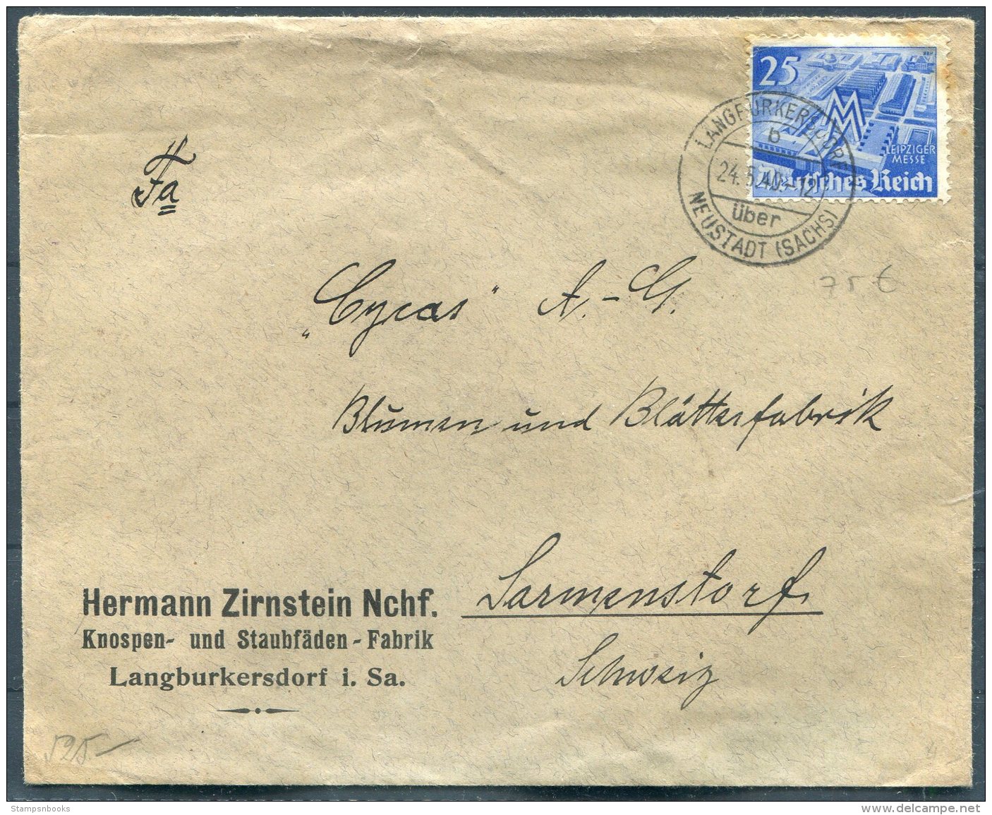 1940 Germany Hermann Zirnstein Nchf. Langburkersdorf Uber Neustadt (Sachs) Censor Cover - Switzerland - Briefe U. Dokumente