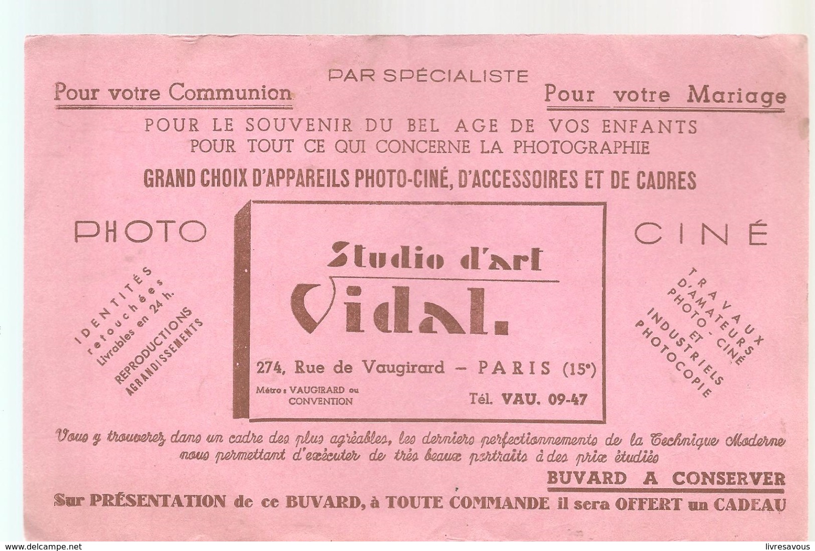 Buvard VIDAL Studio D'art VIDAL 274, Rue Vaugirard Paris 15 ème Photo Ciné - P