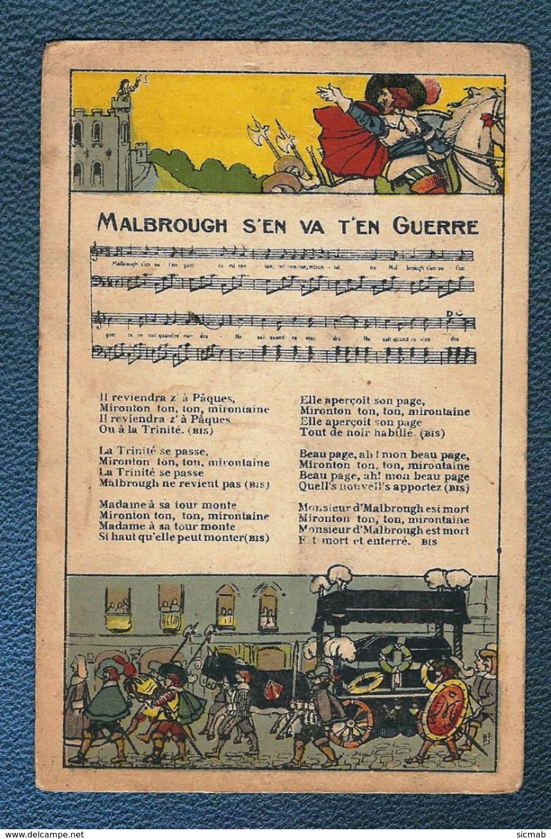 CHROMO PUBLICITAIRE ORIGINAL,illustration,  Partition Et Paroles De La Chanson "MALBROUGH S'EN VA T'EN GUERRE, - Autres & Non Classés