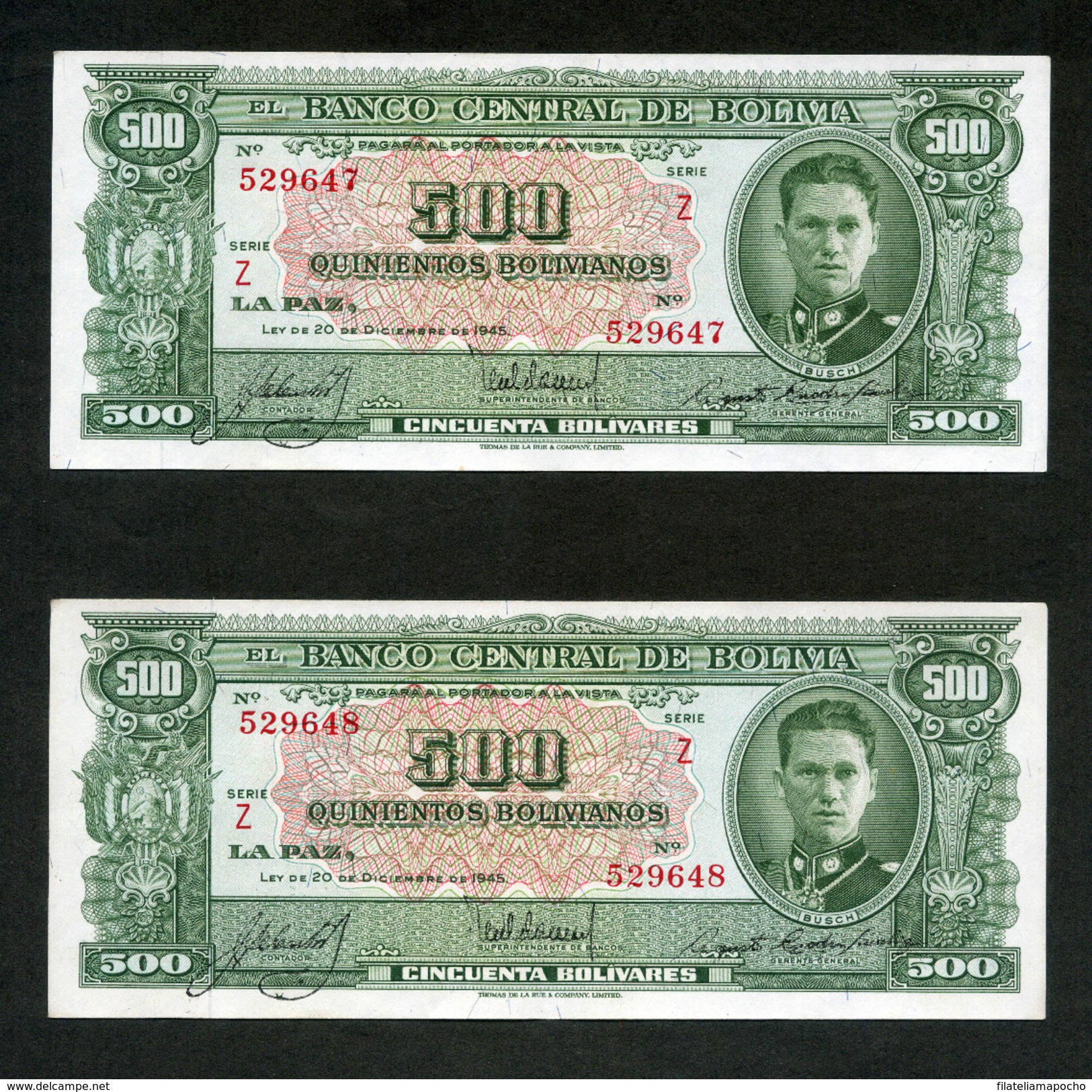 BOLIVIA BILLETES 1945; "500 BOLIVIANOS". - Bolivia