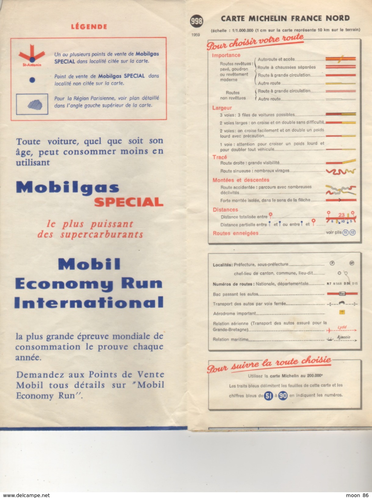 CARTE  MICHELIN 1959  FRANCE NORD  998 - MOBIL GRANDES ROUTES - Cartes Routières