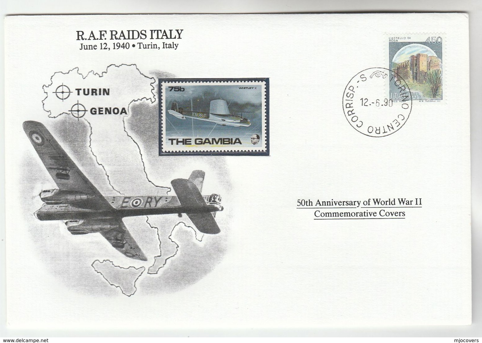 1990 Torino ITALY Special COVER Anniv WWII TURIN  RAF RAIDS Event Aviation Stamps Map - Guerre Mondiale (Seconde)