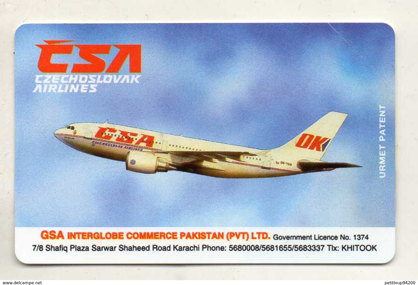 TELECARTE PAKISTAN  *Rs100  CSA Czechoslovak  Airlines  AVION  PLANE - Pakistan