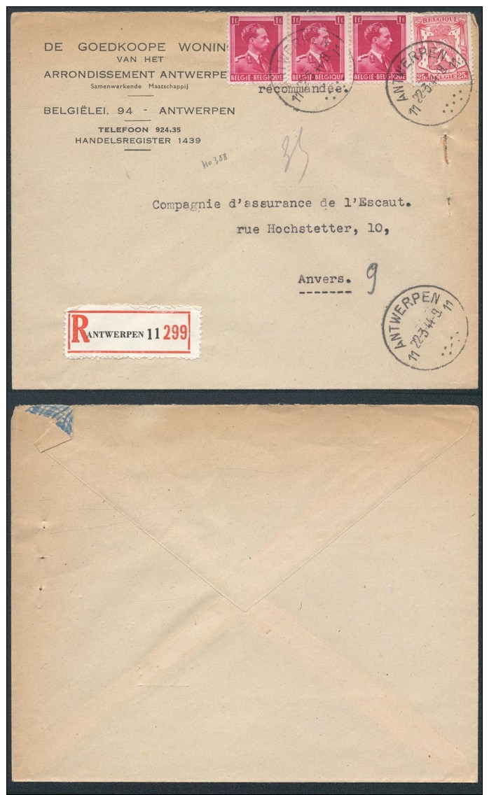 AK624 Lettre Privée Recommandée De Anvers 11 à Anvers 9 1944 - Lettres & Documents