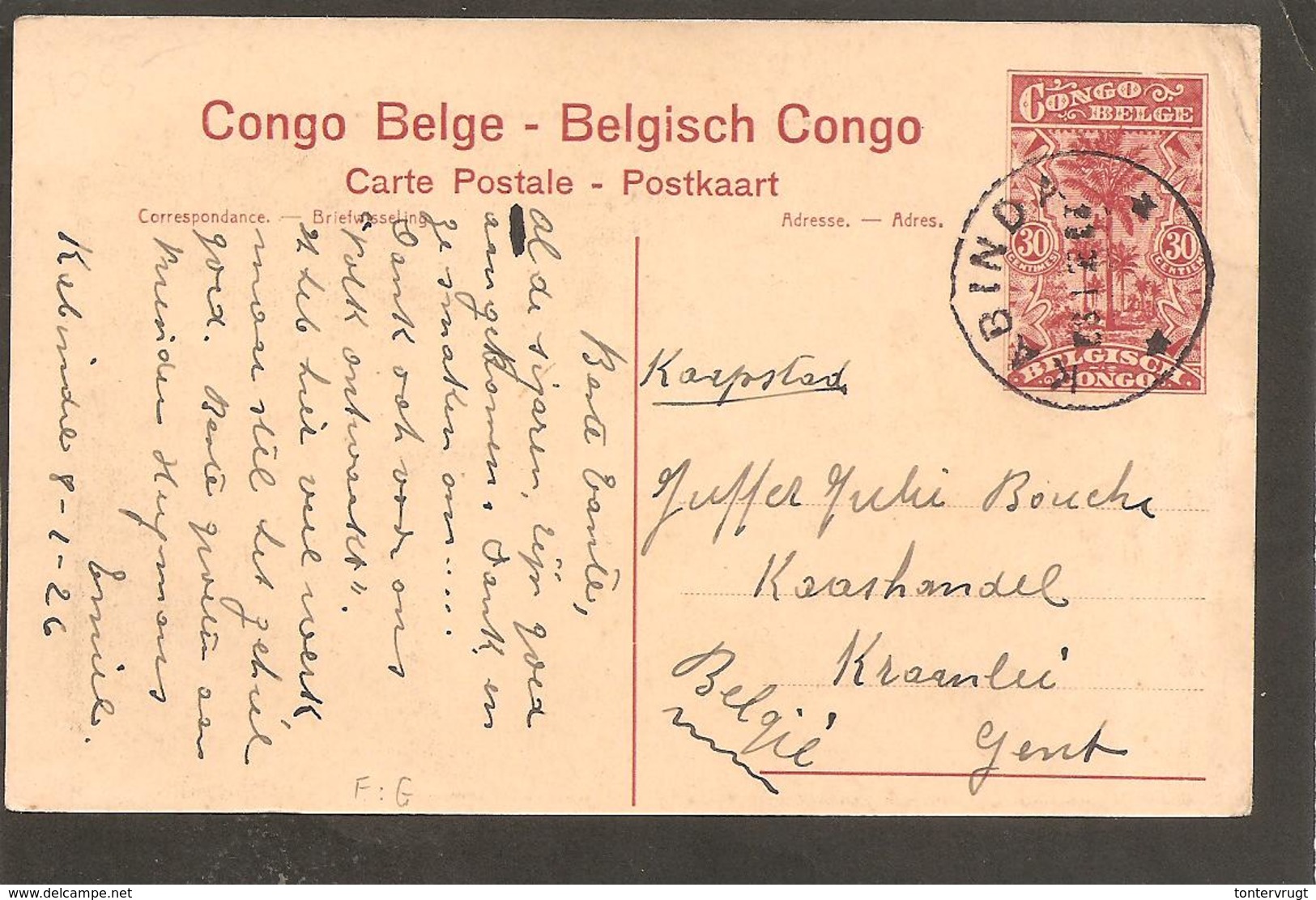 Congo Belge..Entier Postal.Postal Card 30 Cts.M.Franck Ministre Des Colonies.KABINDA>CAPETOWN>GENT 1926 - Belgisch-Kongo