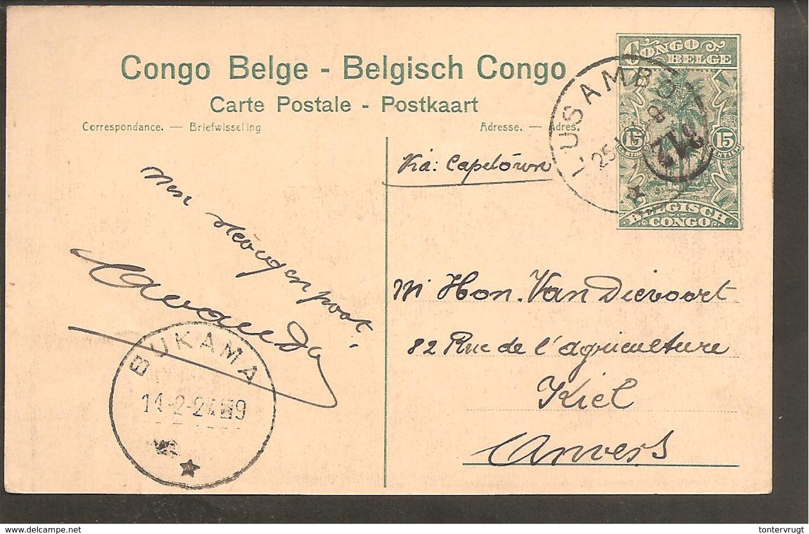 Congo Belge..Entier Postal.Postal Card 15 Cts.Antilope Cheval.LUSAMBO>BUKAMA>CAPETOWN>KIEL ANVERS 1924 - Congo Belge