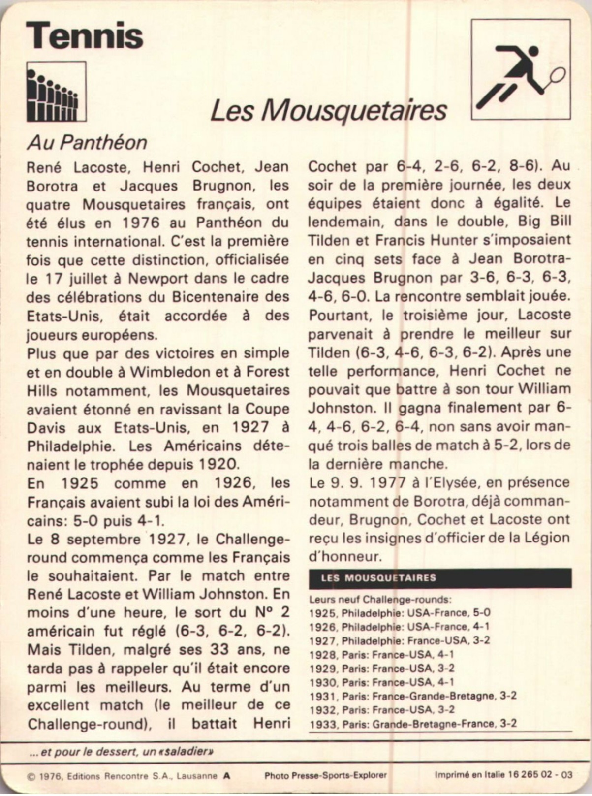 LES  MOUSQUETAIRES  / FICHE   12X16 TENNIS / - Tennis