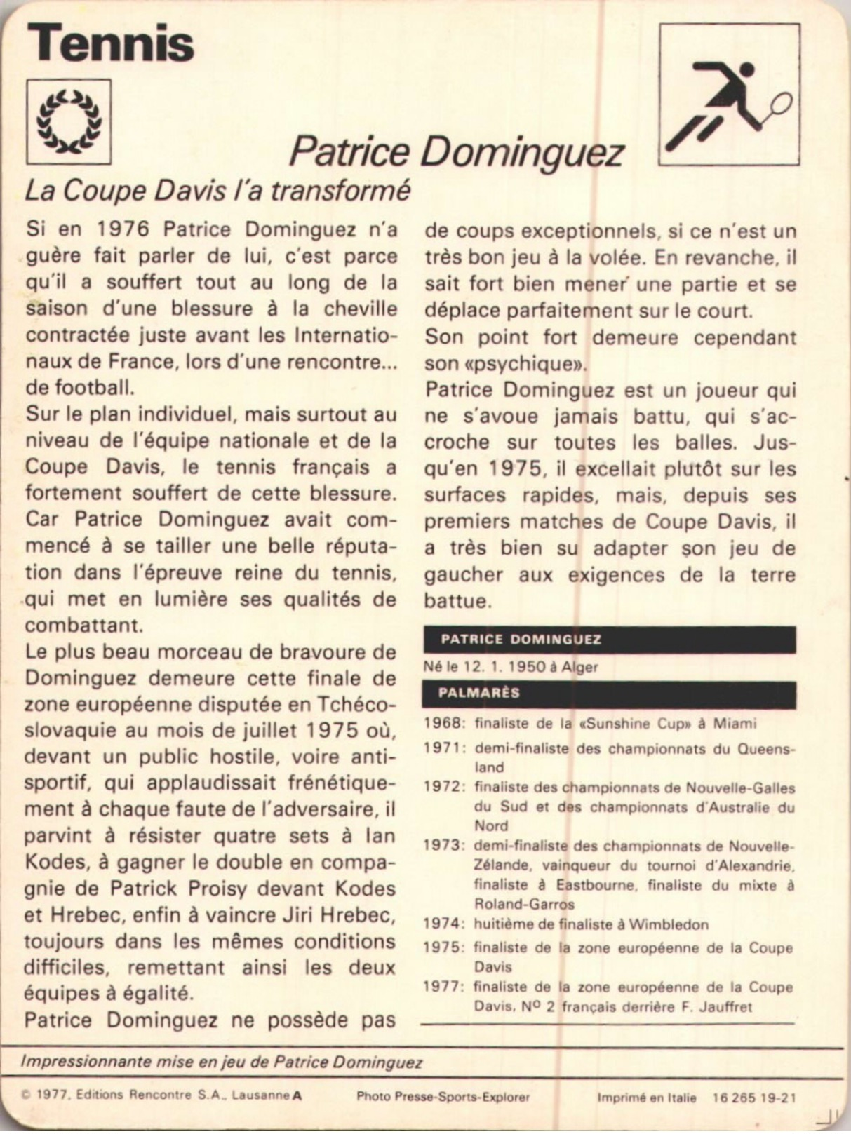 PATRICE  DOMINGUEZ /   FICHE   12X16 TENNIS / - Tennis