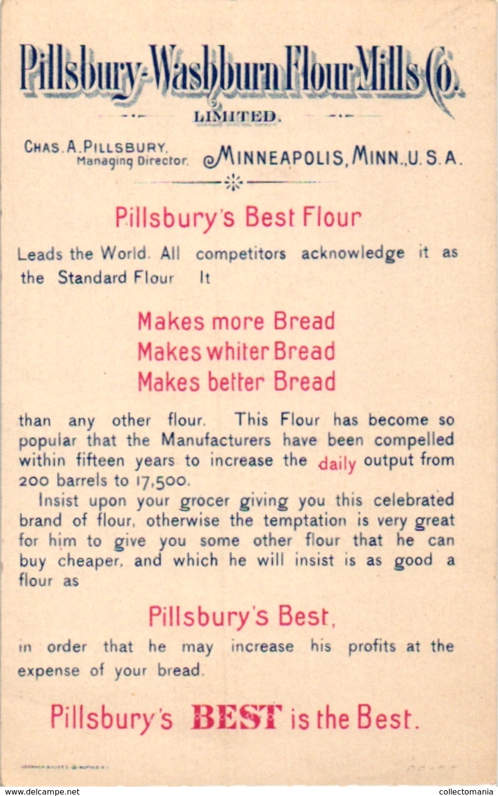 1 Trade Card Pub Flour Mills Pillsbury Minneapolis USA  TOUPIE SABOT SPINNING TOL Litho - Andere & Zonder Classificatie