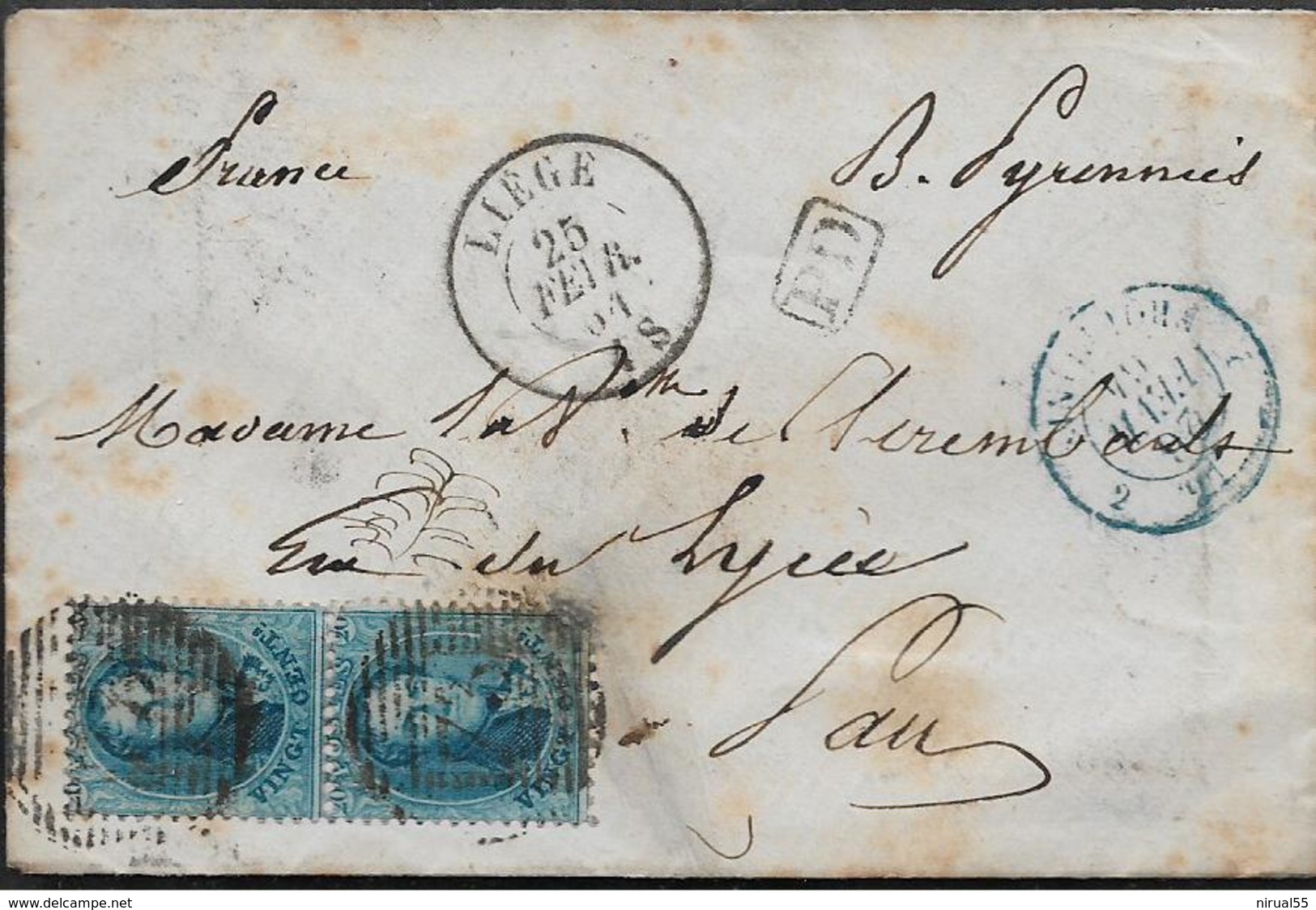 LIEGE Belgique Paire De N° 15 20c Bleu 25.2.1864 + CAD D'entrée Bleu ERQUELINES2 Pour PAU France  .....G - Autres & Non Classés