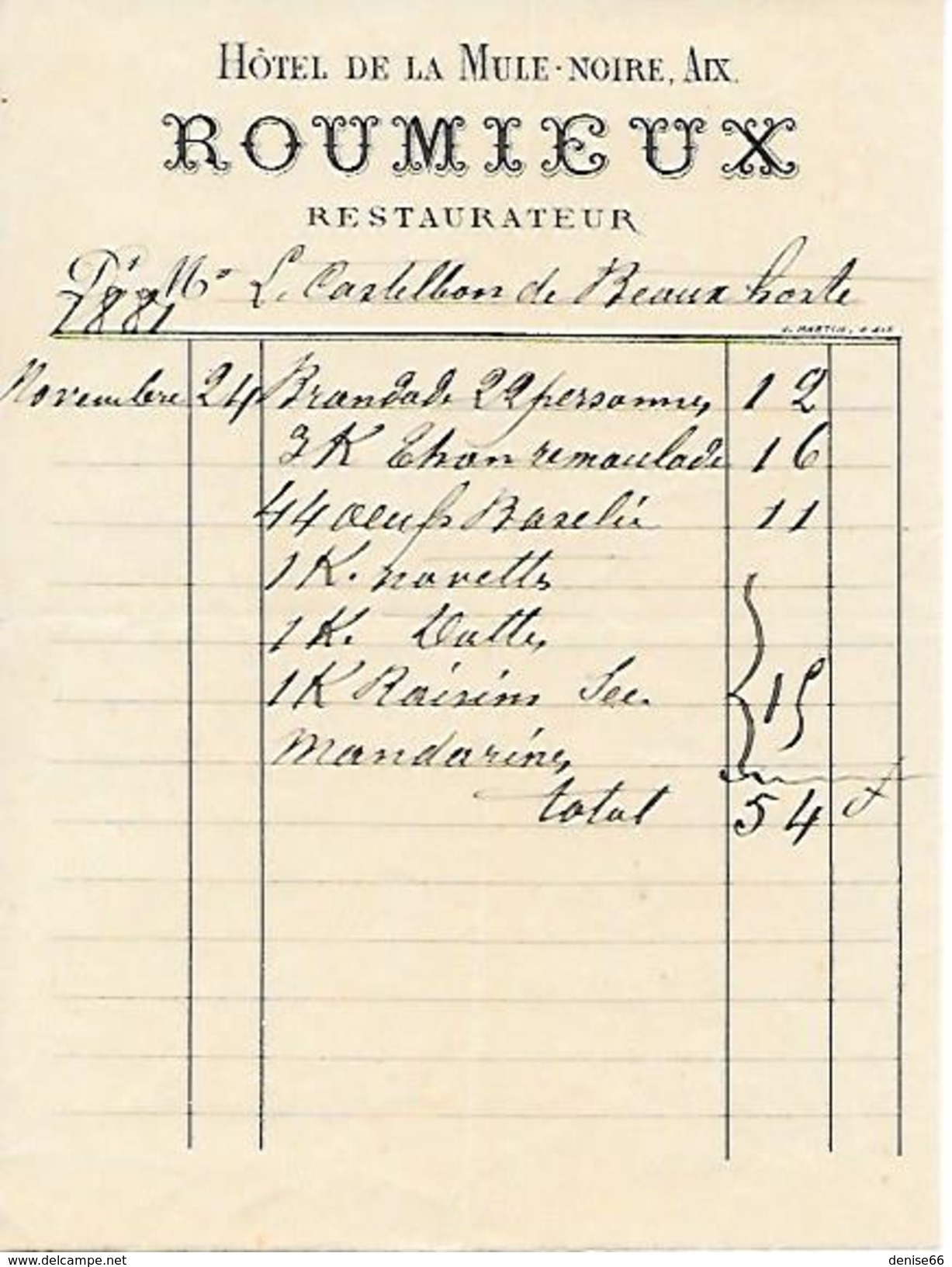 1881 - AIX-en-PROVENCE (13) - HÔTEL DE LA MULE NOIRE - ROUMIEUX, Restaurateur - - Documents Historiques