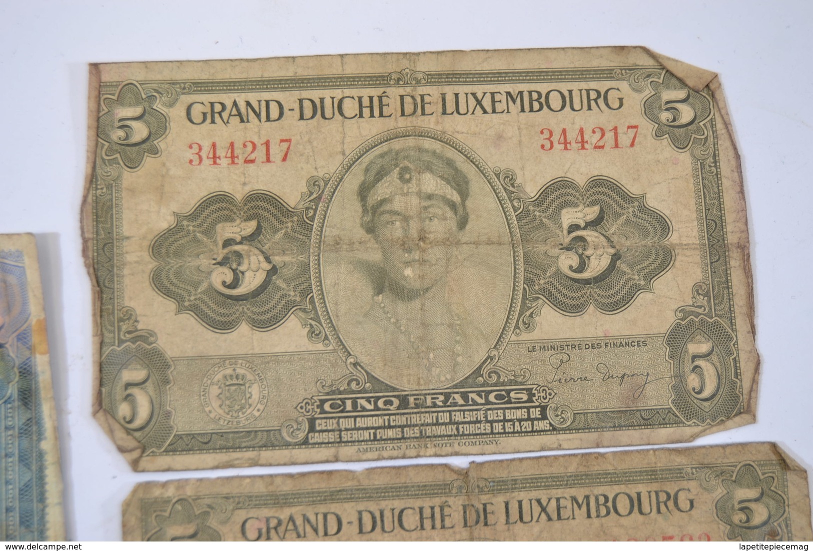 (AR10) Lot billets Luxembourg Letzeburg 100 francs 1944 ND, 20 francs 1945, 2 x 5frs et 10 francs