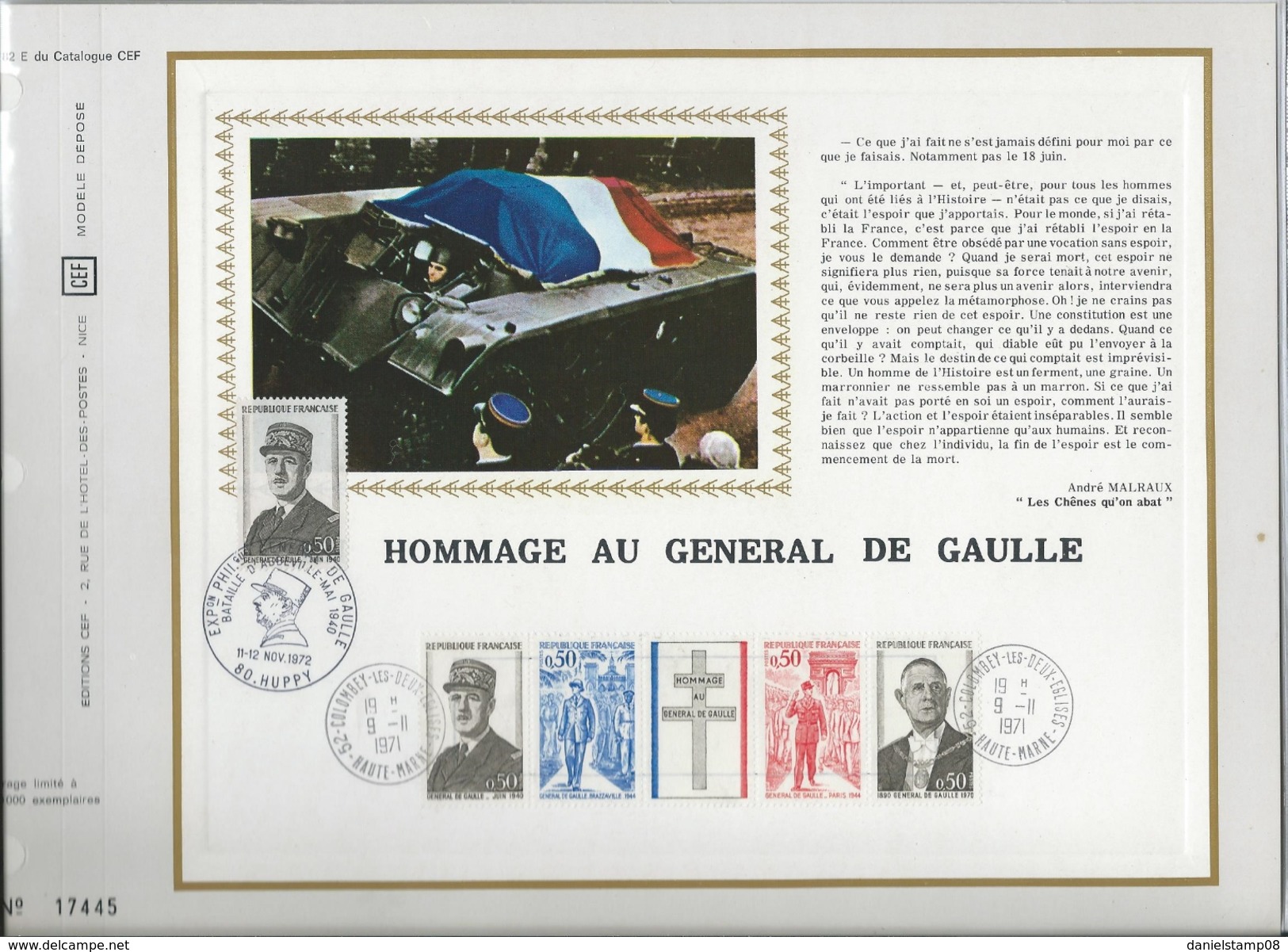 CEF N°182E HOMMAGE AU GENERAL DE GAULLE AMELIORE PAR CACHET EXPOSITION DE GAULLE A HUPPY 1972 RARE - De Gaulle (Generaal)