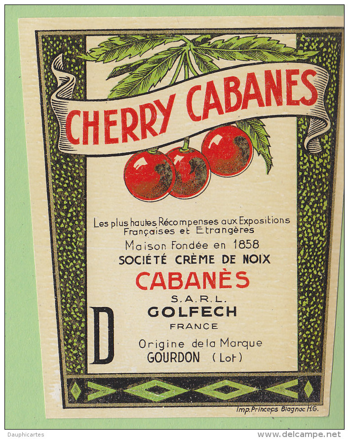 Etiquette CHERRY CABANES , Cabanes Golfech, Gourdon . 2 Scans. - Alcools