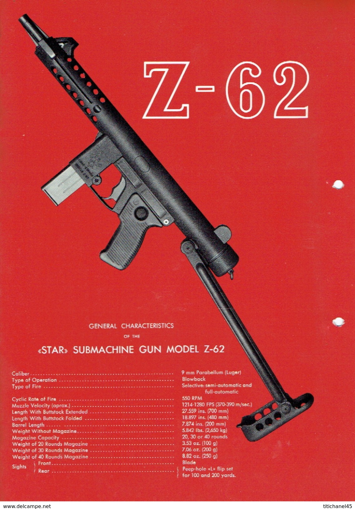 Publicité Plastifiée Sur La "STAR" SUBMACHINE GUN MODEL Z-62 STAR BONIFACIO ECHEVERRIA, EIBAR ESPANA - Armi Da Collezione