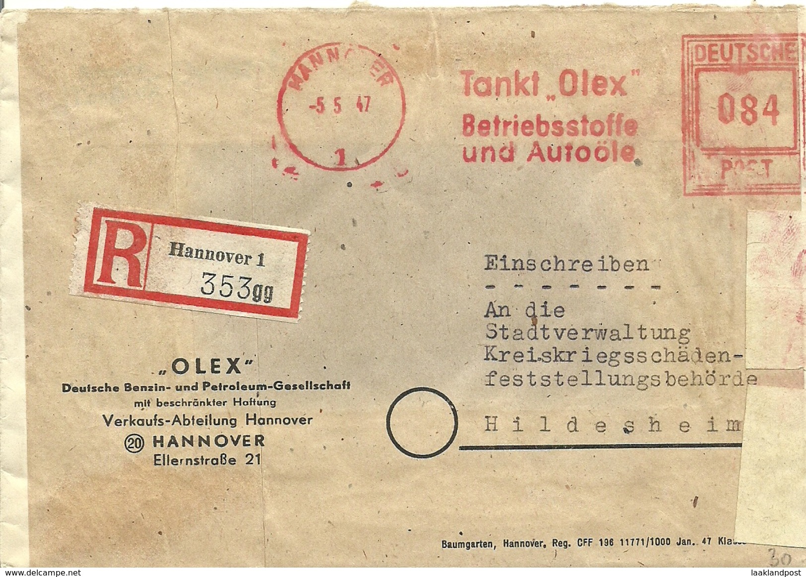 Registered Firmcover Meter Tankt Olex Betriebstoffe Und Autoole, Hannover 5-5-1947 - Auto's
