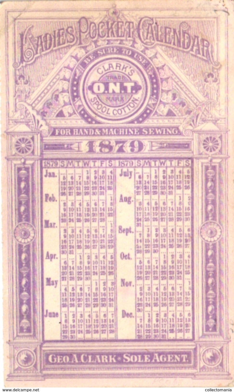 1 Trade Card Pub Ladies Pocket Calendar 1879 Clark's Spool Cotton     Cerf Volant  Kytes Drachen Vliegers Litho - Andere & Zonder Classificatie
