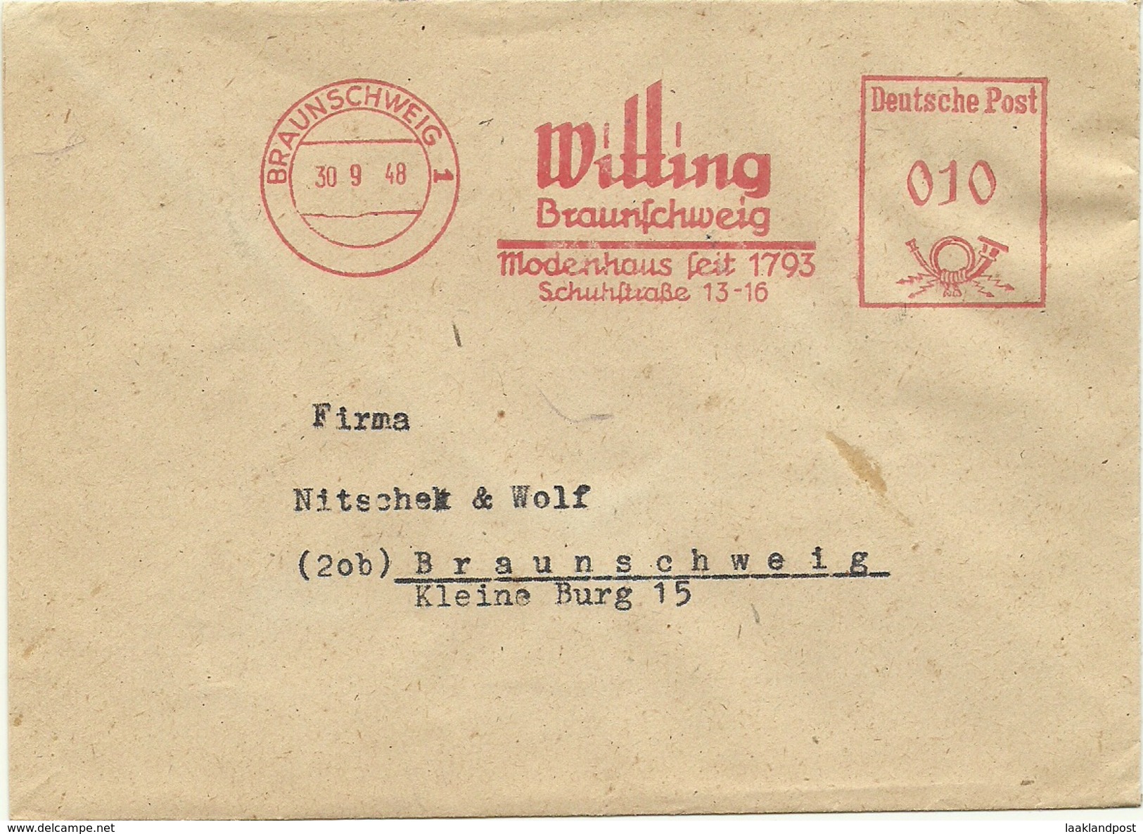 Firmcover Meter E.F. Witting Modeshaus Seit 1793 Braunschweig 30/9/1948 - Textiel