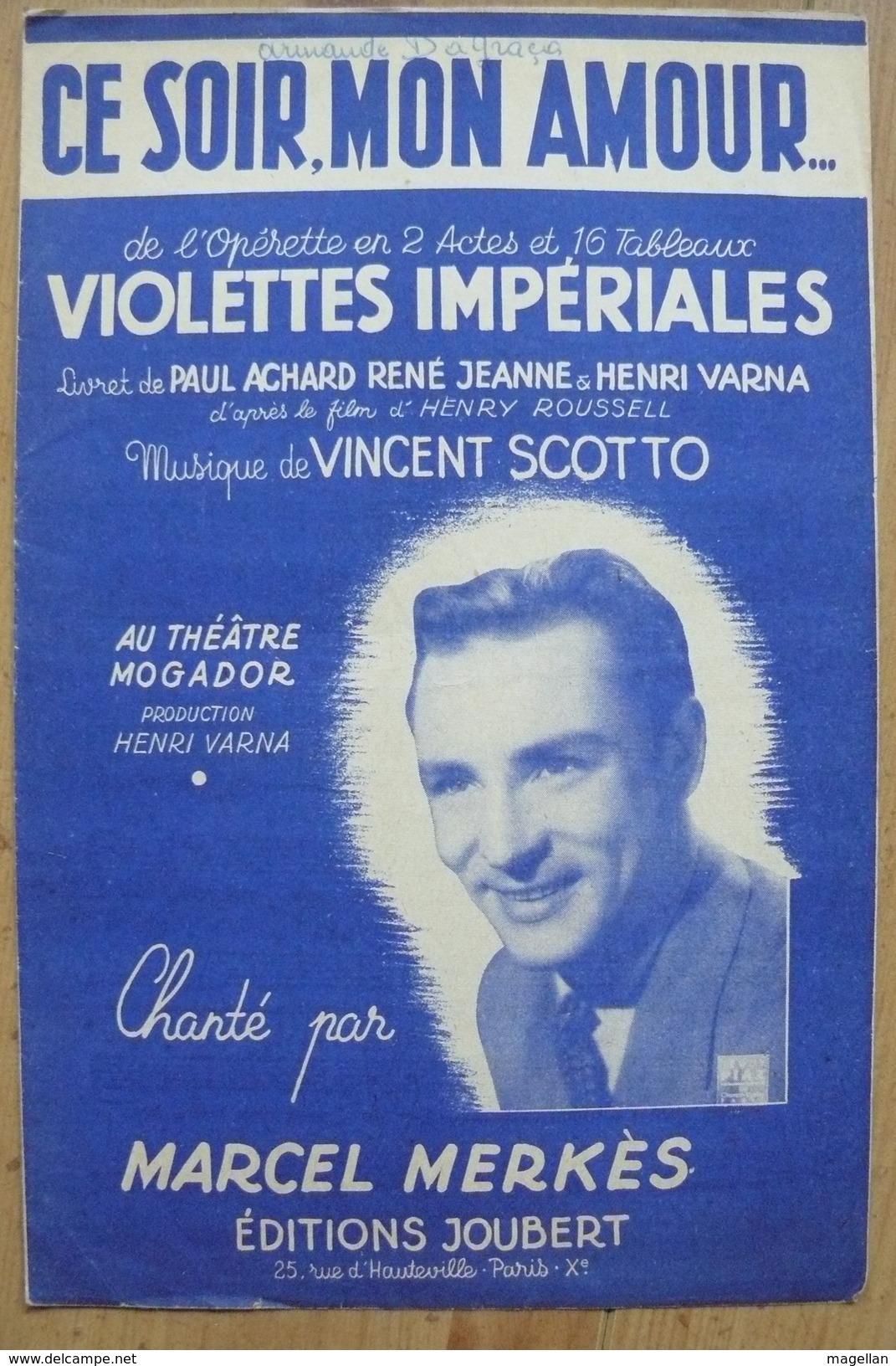 Partition - Marcel Merkès - Ce Soir, Mon Amour - Violettes Impériales -  Ed. Joubert - Chant Soliste