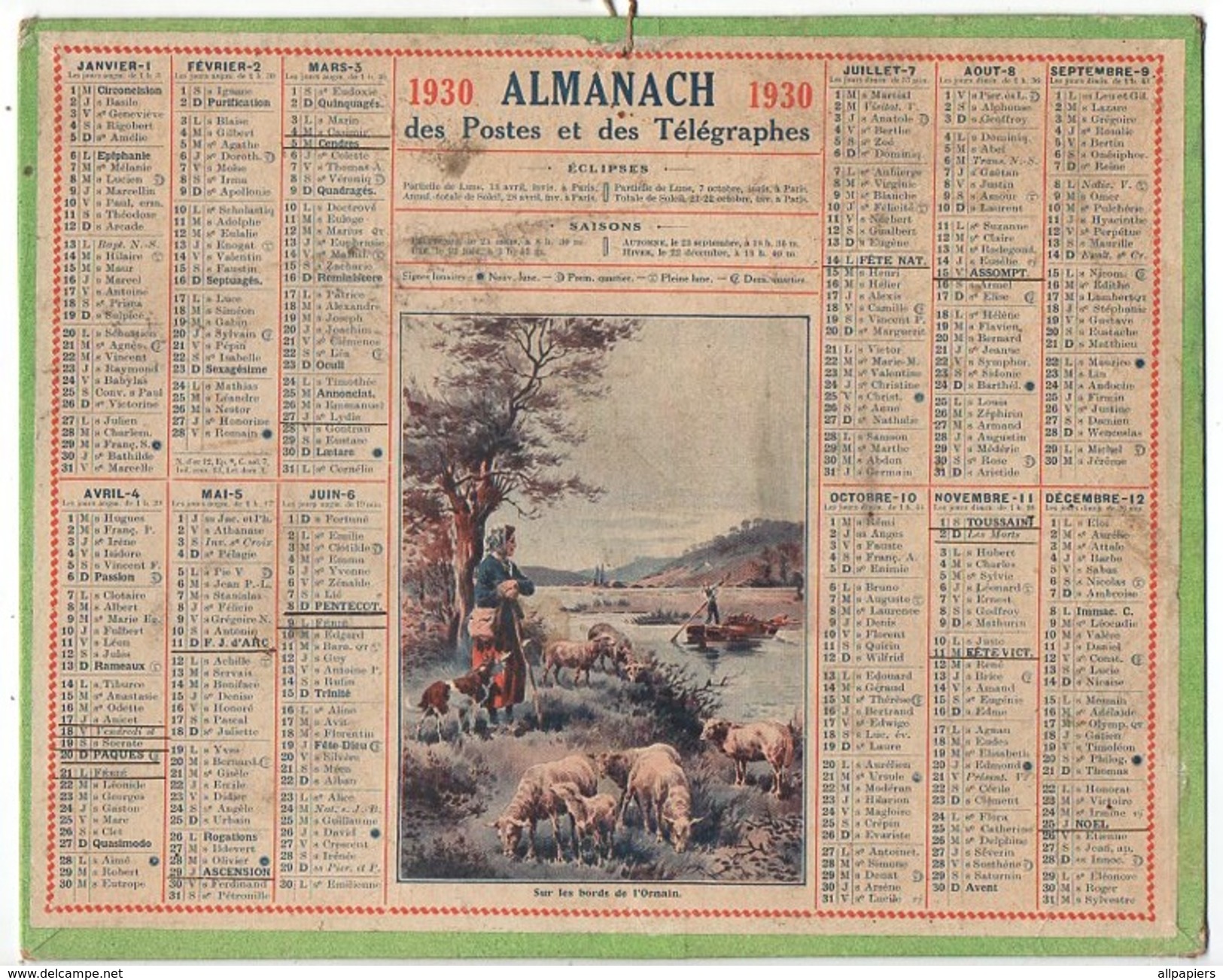 Calendrier Almanach Des Postes Et Des Télégraphes 1930 Avec Illustration Sur Les Bords De L'Ornain - Grand Format : 1921-40