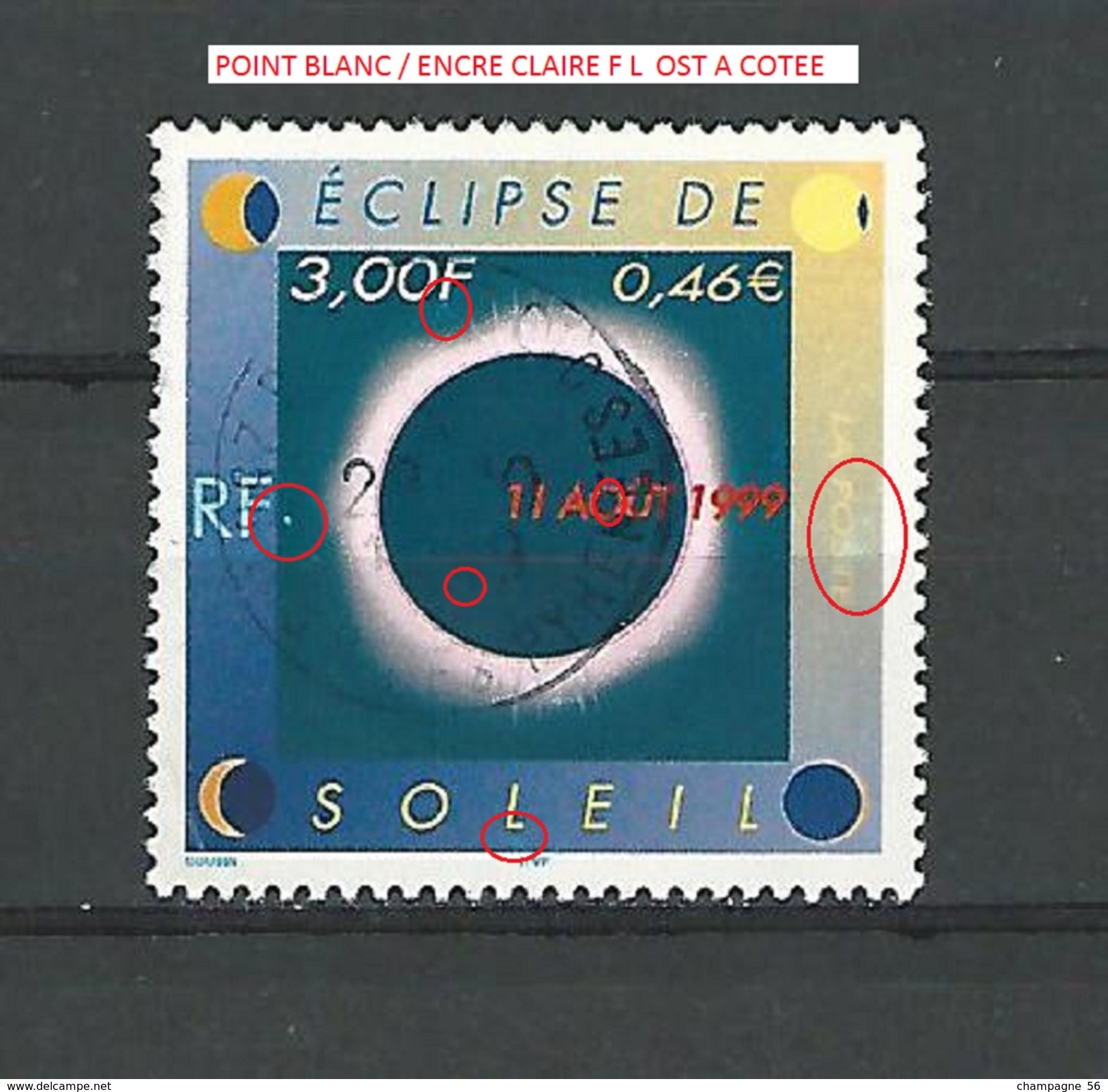 VARIÉTÉS FRANCE 1999  N° 3261  ECLIPSE DE SOLEIL   PHOSPHORESCENTE OBLITÉRÉ T.B 28 .10.1999 - Gebraucht