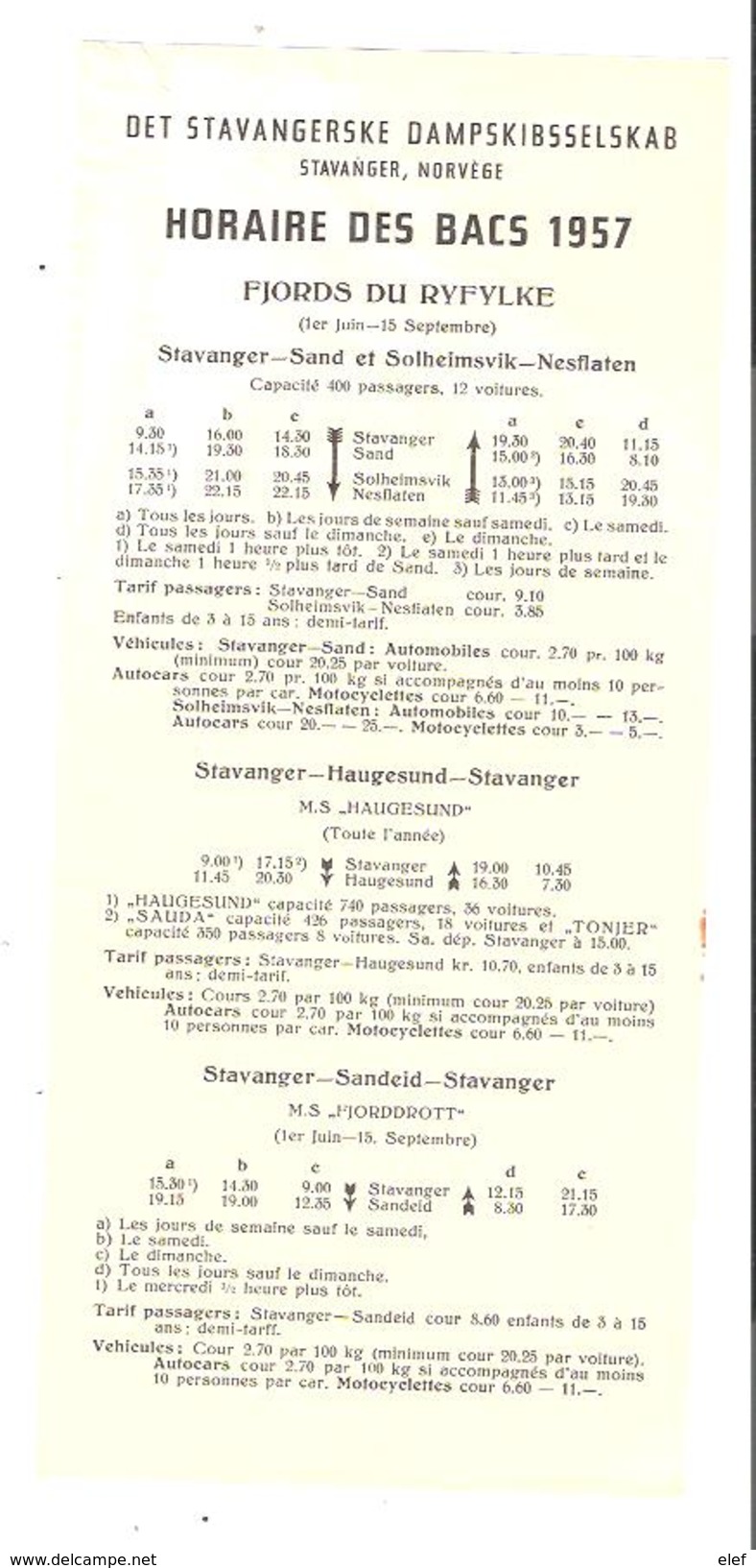 Det Stavangerske Dampskibsselskab STAVANGER , NORGE / Norvège Fjords Du Ryfylke / HORAIRE Des BACS 1957 - Europe