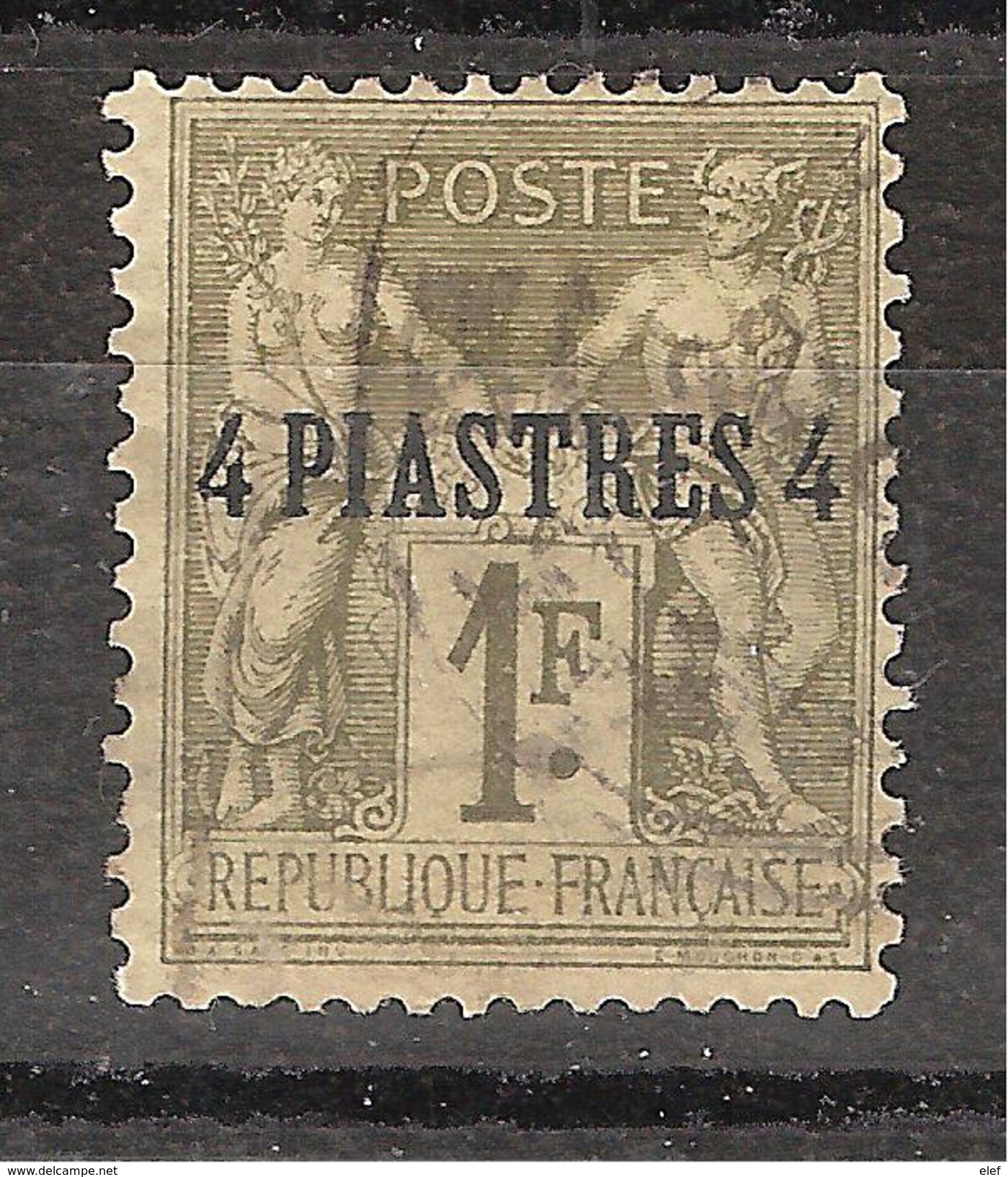 LEVANT Français, 1885, Type Sage, Yvert N° 3, 4 PIASTRES Sur 1 F Olive, Obl, TB Cote 13 Euros - Oblitérés