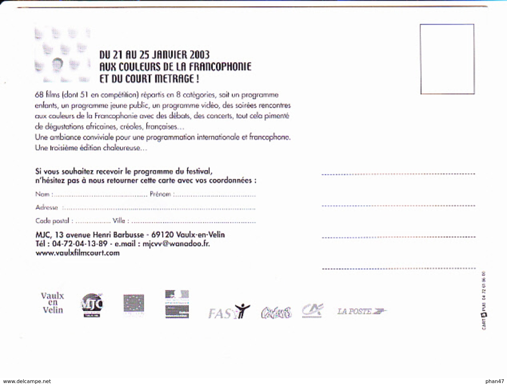 VAULX EN VELIN Festival Du Film Court Farncophone, Oeuf Peint, Ed. Cartapub 2003 - Affiches Sur Carte