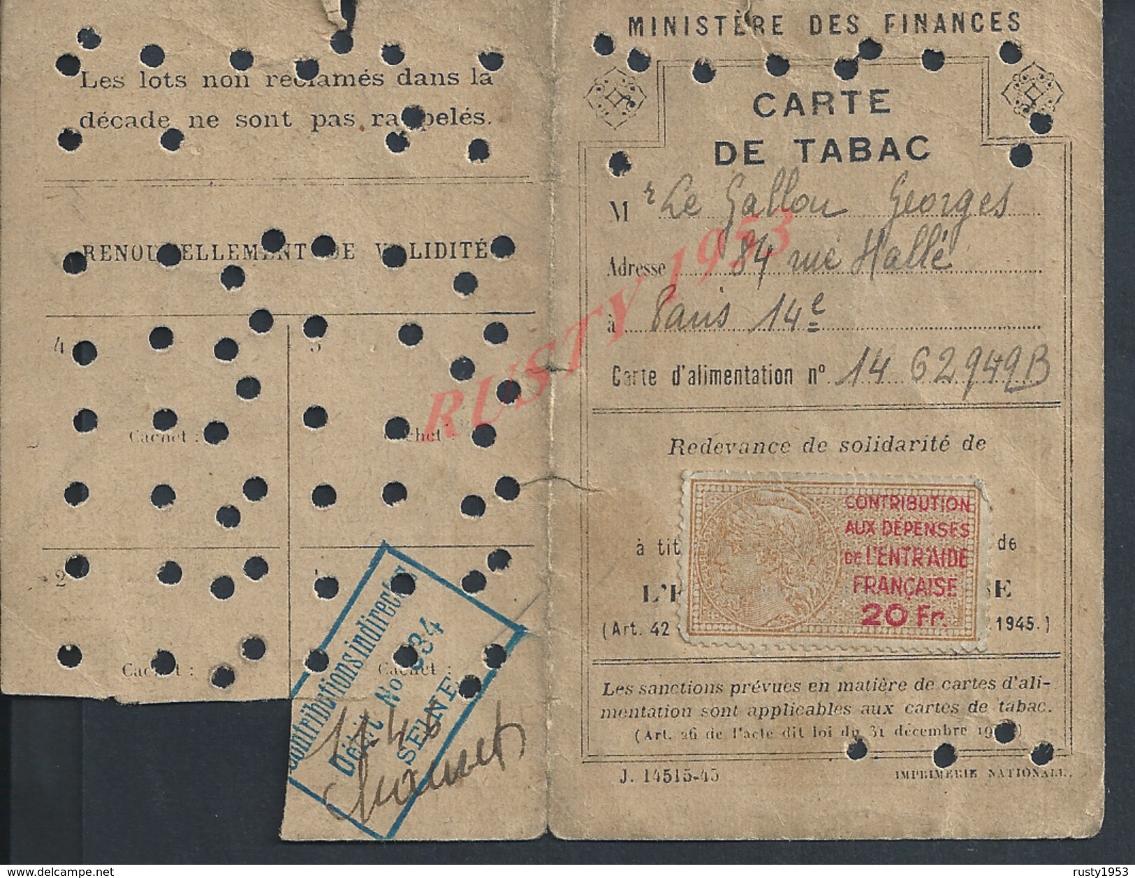 CARTE DE TABAC DE Mr  GALLOU GEORGES PARIS : - Autres & Non Classés