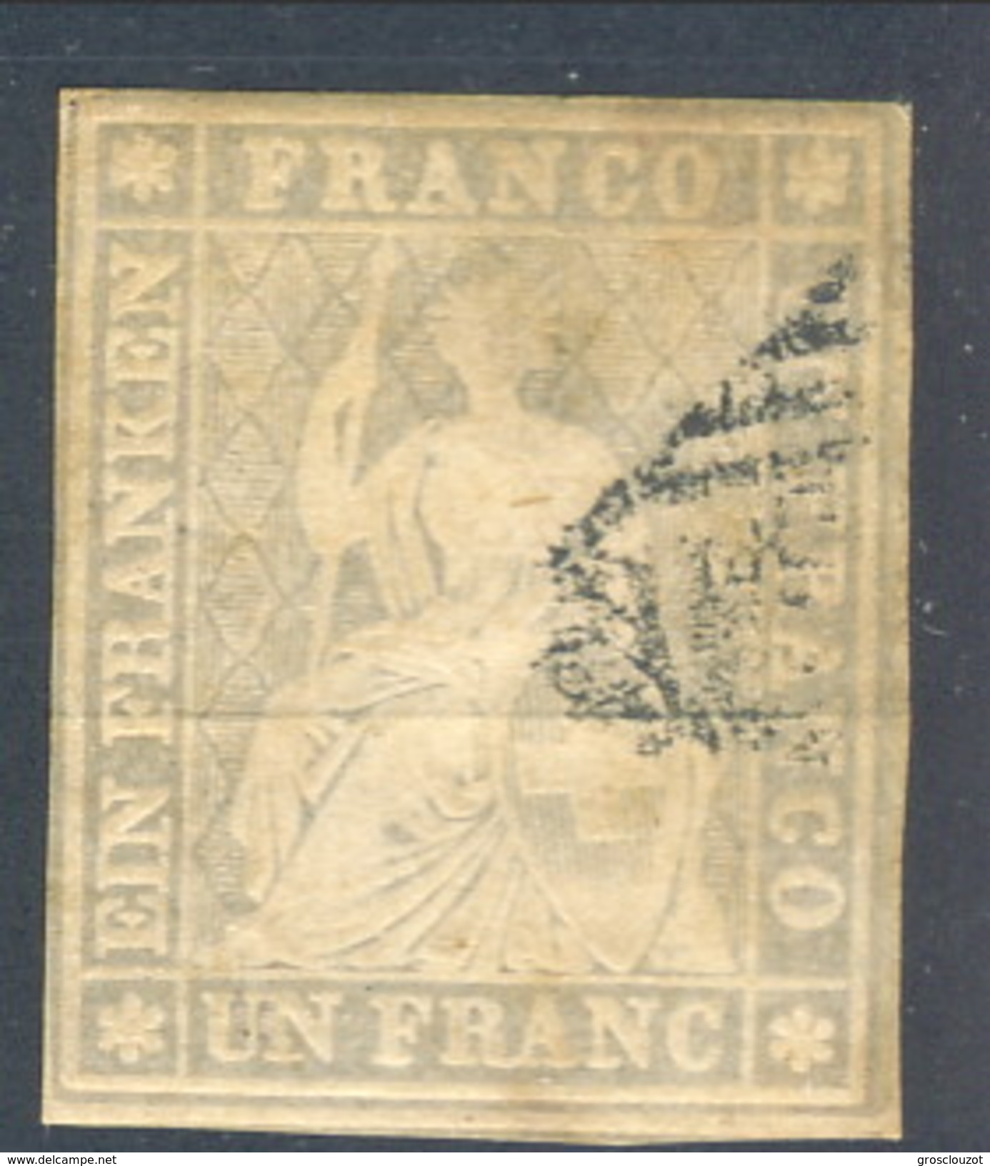 Svizzera 1854-62 Strubel N. 31 (SBK N. 27C), F. 1 Grigio-violetto, Cornice Completa, Usato, Firmato A. Diena - Gebraucht