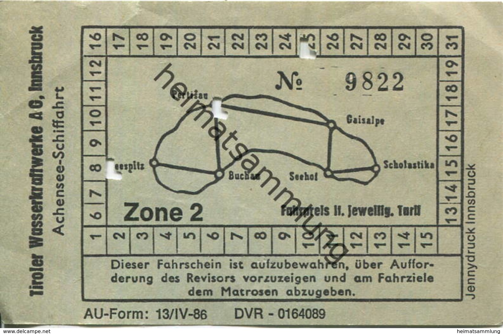 Österreich - Tiroler Wasserkraftwerke AG Innsbruck - Achensee-Schiffahrt - Fahrschein Zone 2 - Europe