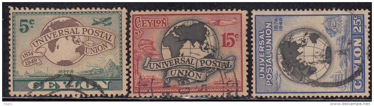 Set Of 3 Ceylon Used 1949, U.P.U. UPU, Universal Postal Union, Airplane, Ship, Train, Transport,  (sample Image) - Ceilán (...-1947)