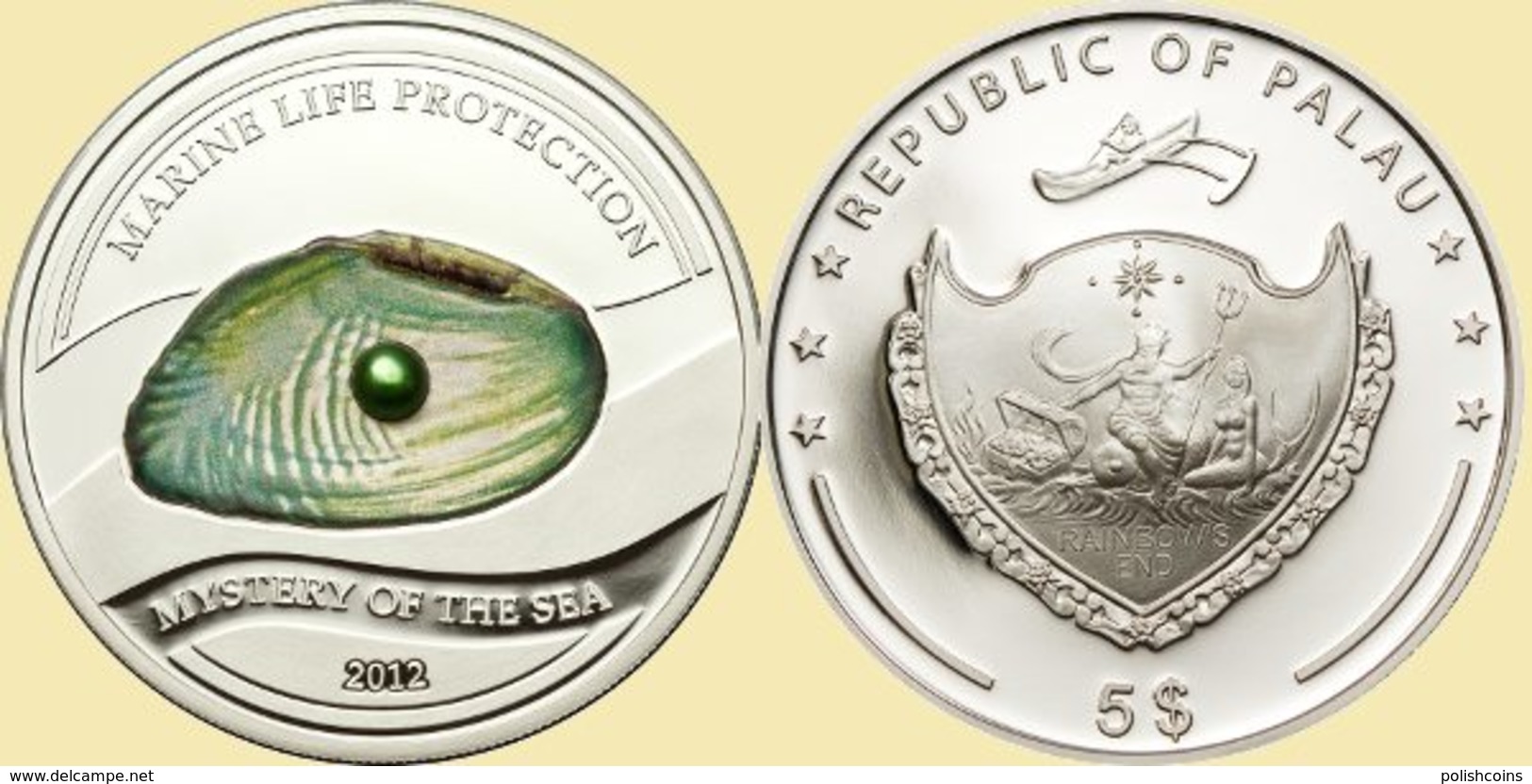 PALAU 2012 5 $ Dollars PEARL Mystery Of The Sea Ag CoA UNC - Palau