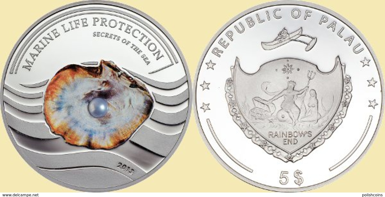 PALAU 2013 5 $ Dollars PEARL Secrets Of The Sea Ag CoA UNC - Palau