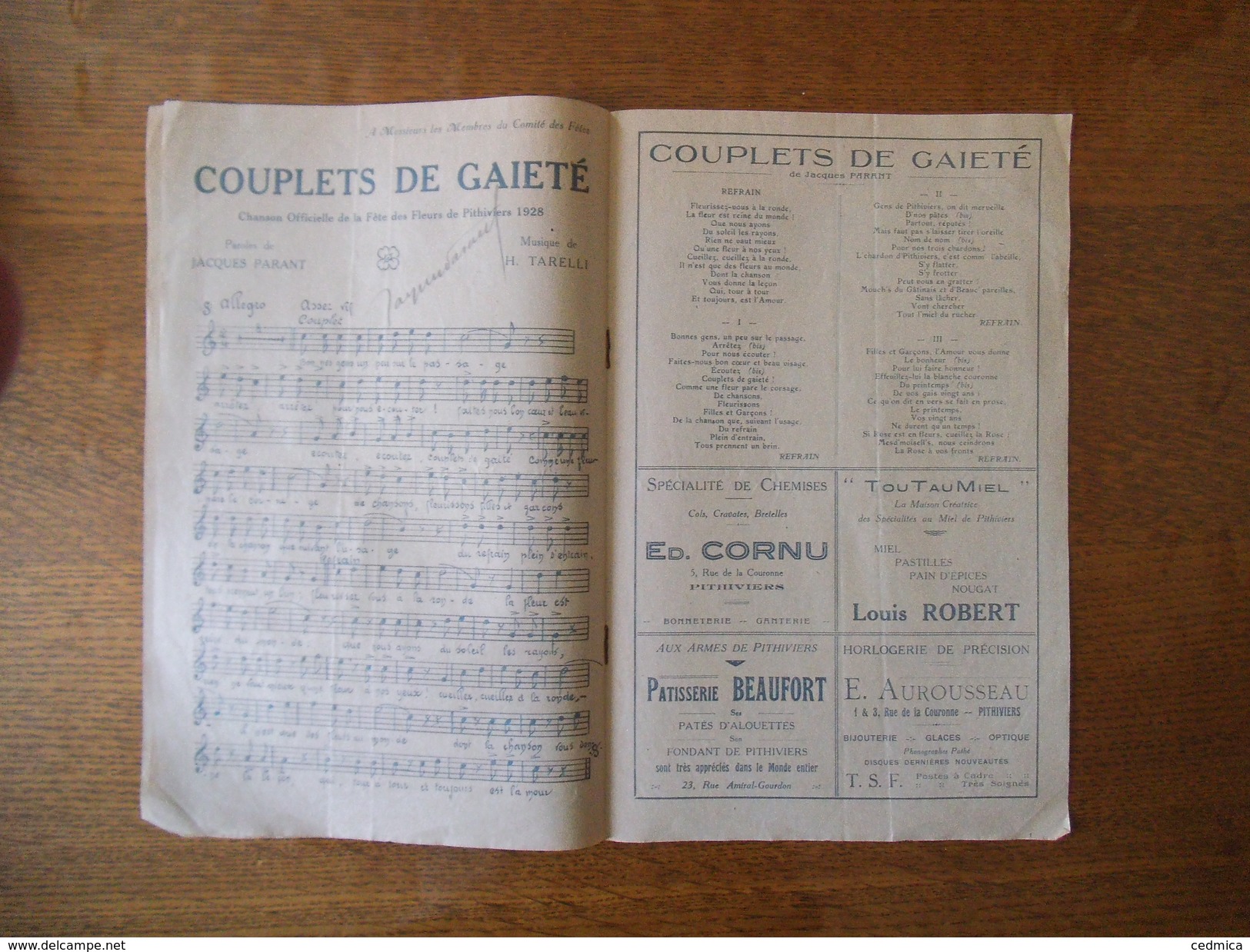 FÊTE DES FLEURS DE PITHIVIERS 1928 COUPLETS DE GAIETE PAROLES DE JACQUES PARANT MUSIQUE DE H. TARELLI CHANSON OFFICIELLE - Noten & Partituren