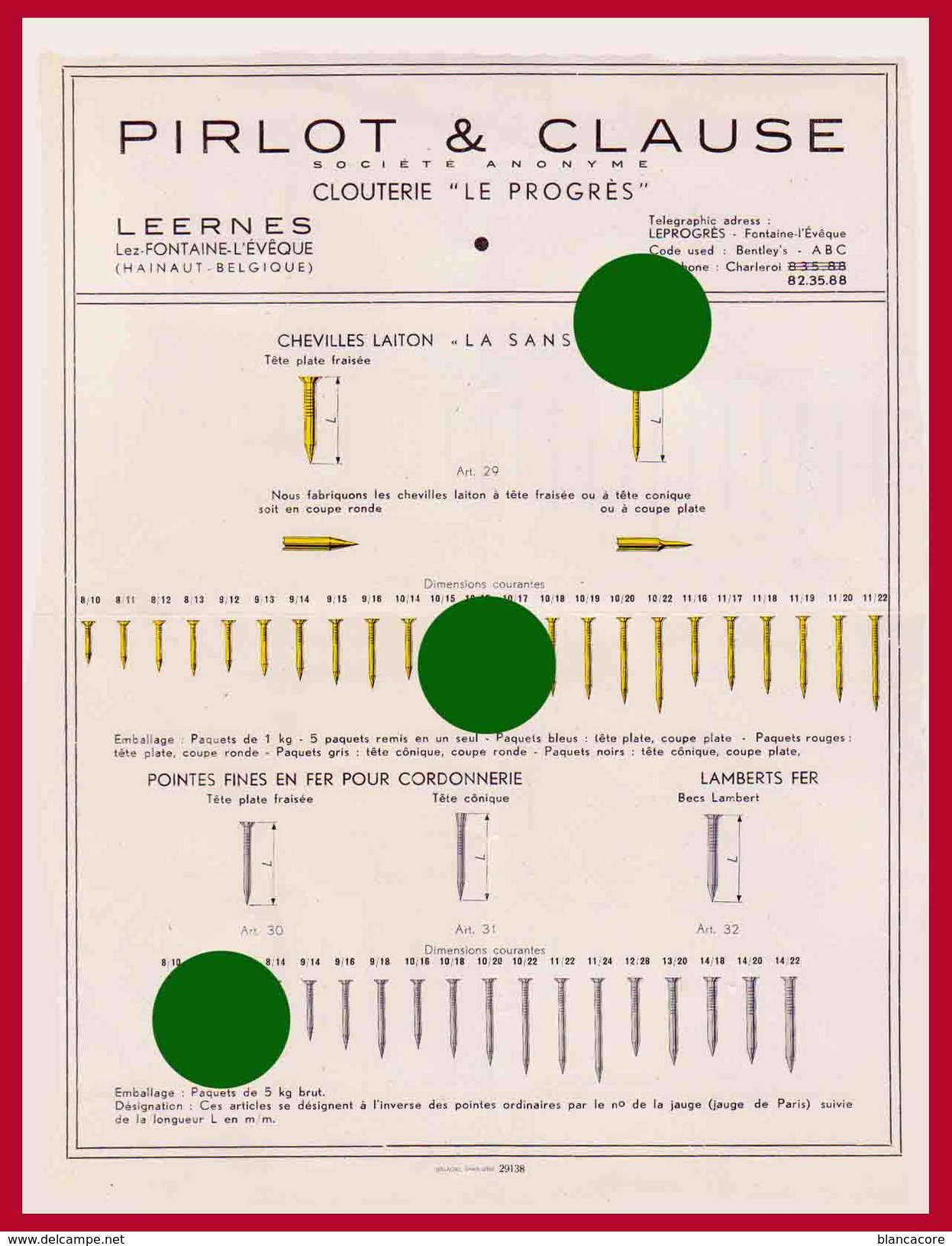 Leernes Fontaine-l'Évêque Clouterie Visserie PIRLOT & CLAUSE Vers 1930 - Reclame