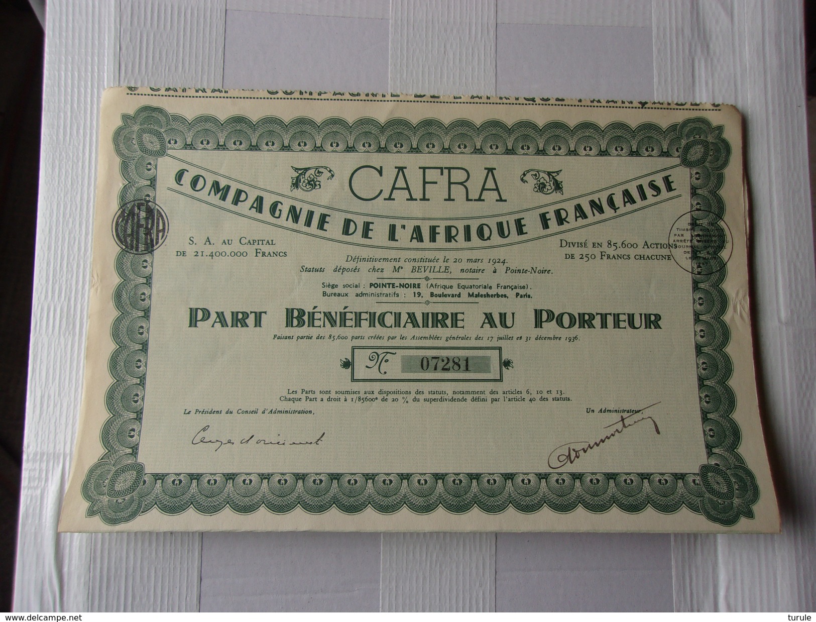 CAFRA Compagnie De L'afrique Française (part Bénéficiaire) POINTE NOIRE,A.E.F. - Autres & Non Classés