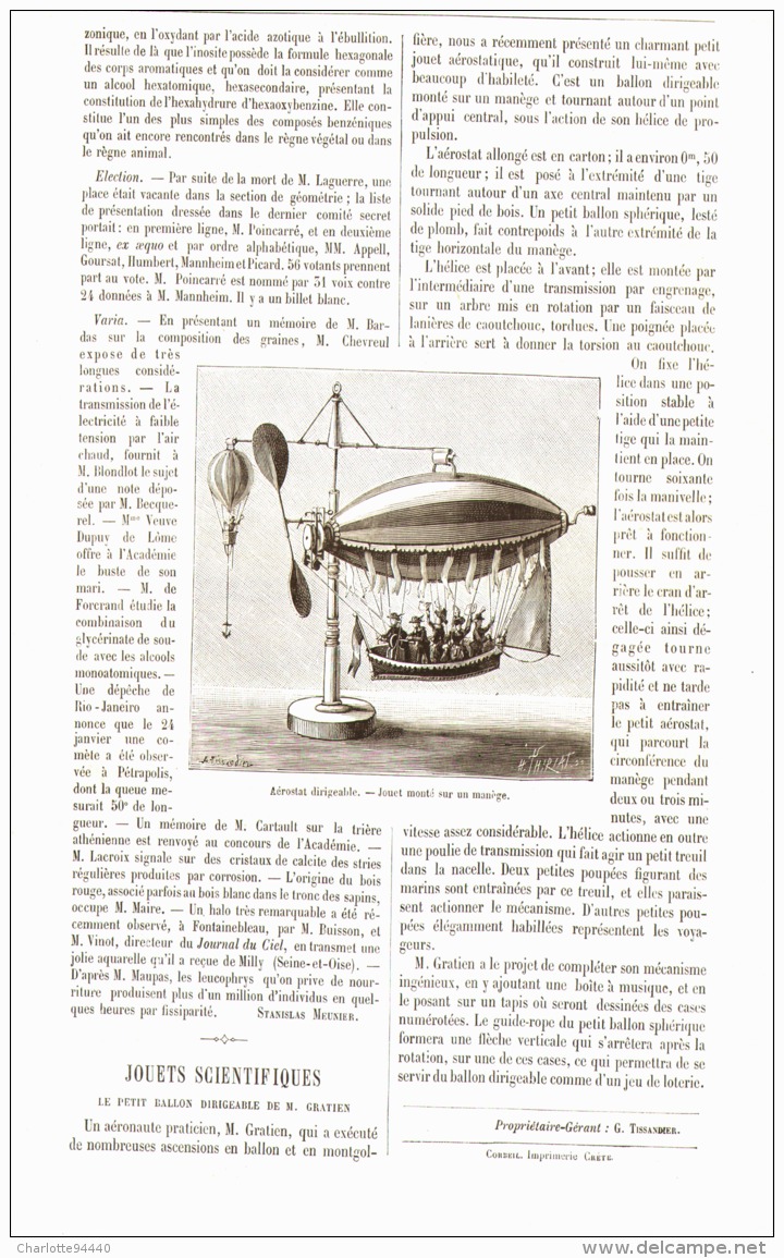 JOUETS SCIENTIFIQUE " LE PETIT BALLON DIRIGEABLE DE M. GRATIEN  "    1887 - Other & Unclassified