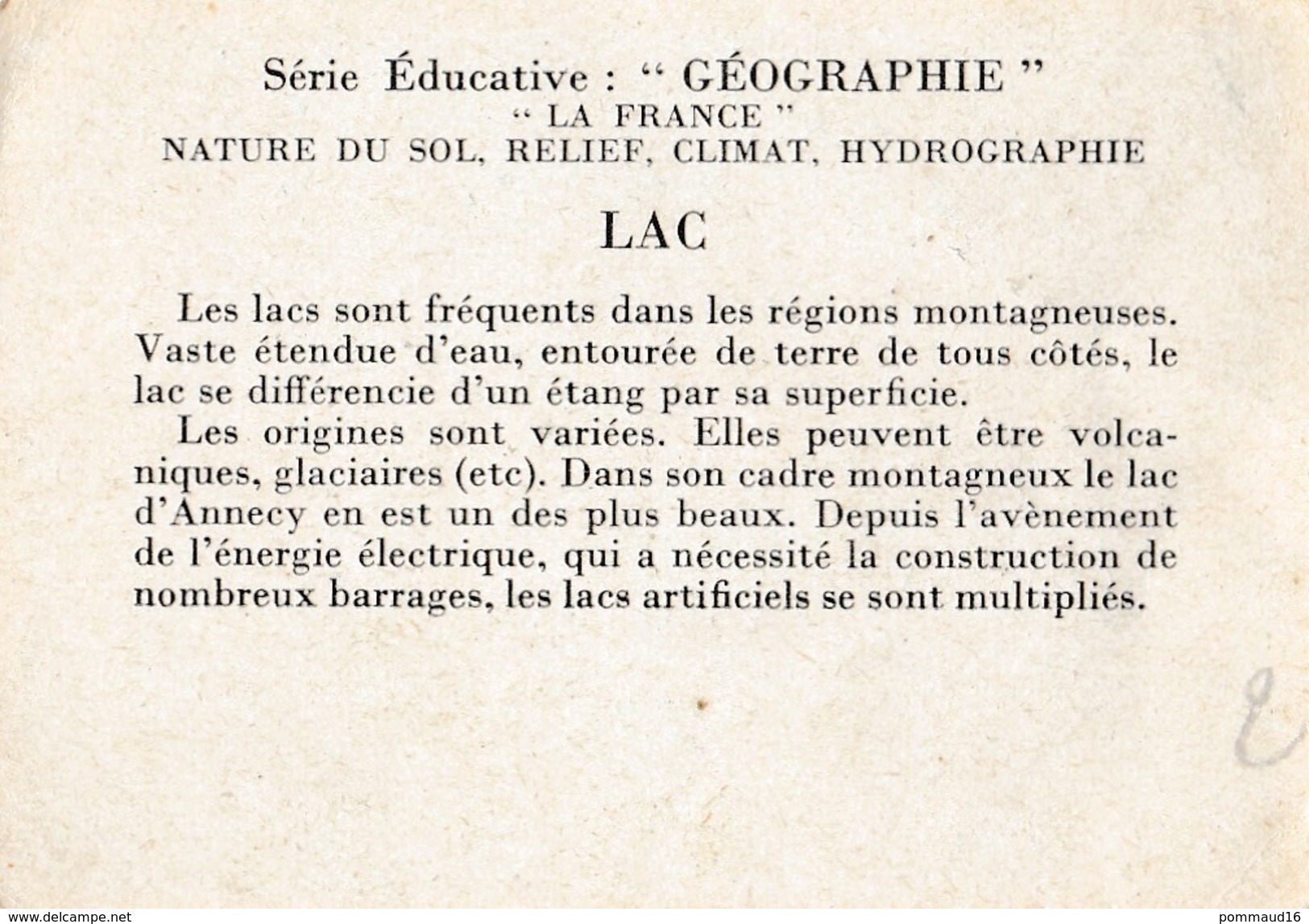 Image Lac - Série éducative Géographie La France : Nature Du Sol, Relief, Climat, Hydrographie - Autres & Non Classés