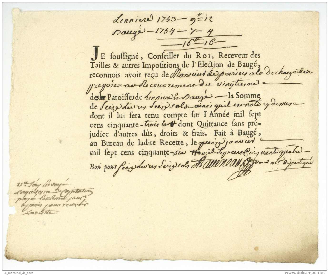 BAUGE 1756 Quittance Conseiller Du Roi Receveur Des Tailles Maine-et-Loire De Perriers Anjou - Manuscritos