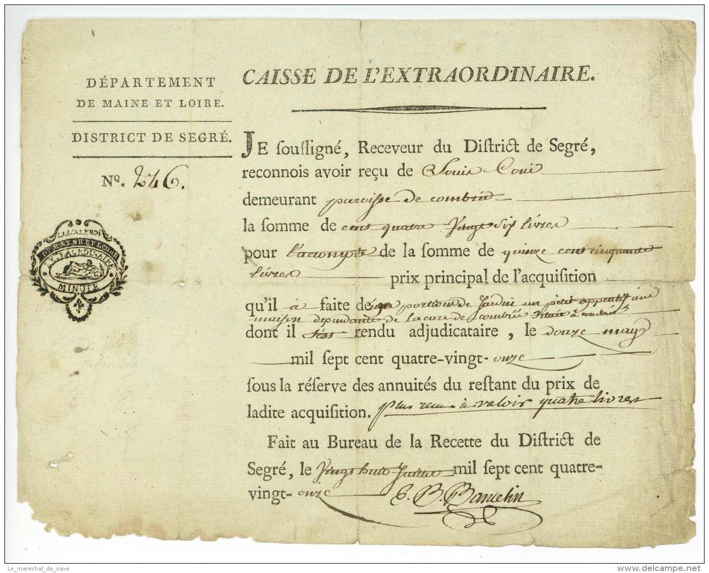 REVOLUTION &ndash; BANCELIN, Esprit Benjamin (1764-1842). Receveur Du District De SEGR 1790, Maire Et Commandant De La G - Manuscrits